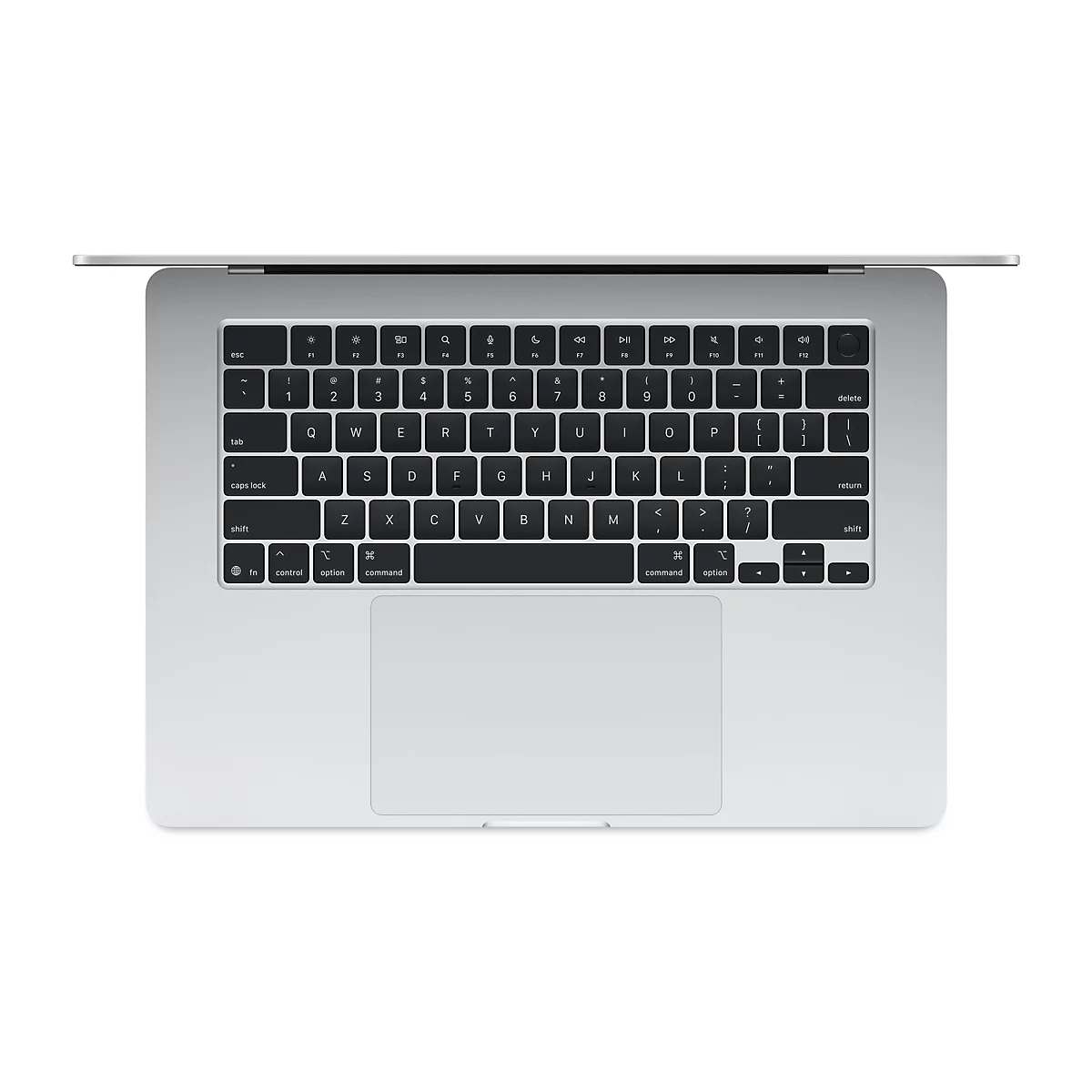 Draufsicht auf ein geöffnetes silberfarbenes Laptop-Keyboard. Schwarze Tasten mit weißer Beschriftung, darunter ein Trackpad.