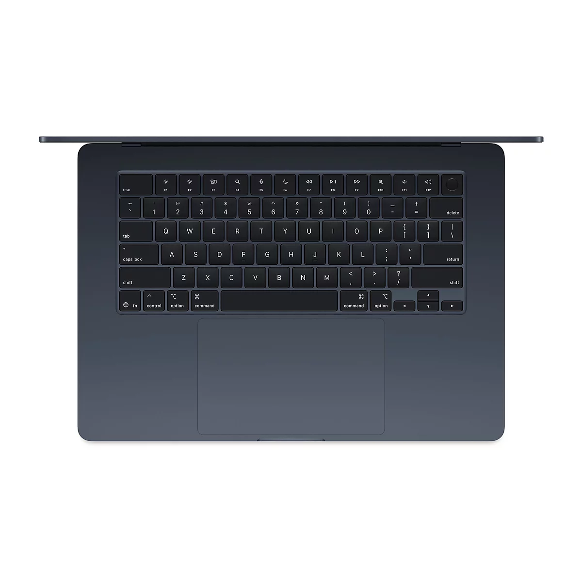 Draufsicht auf ein blaues Macbook; die Tastatur ist vollständig zu sehen.