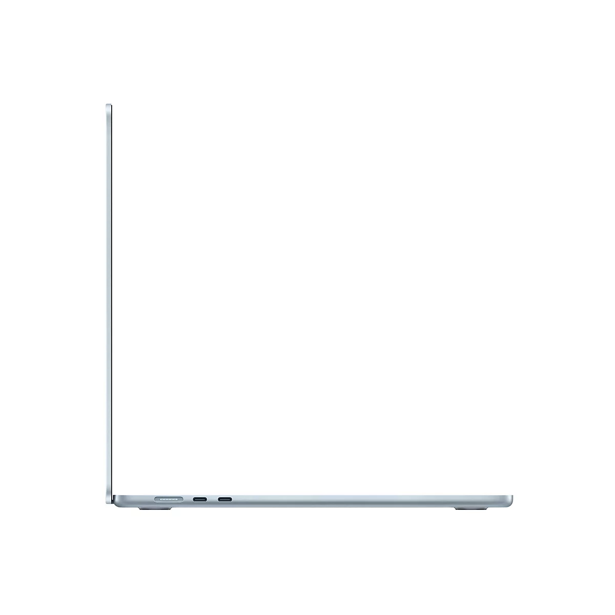 Seitenansicht eines silbernen Laptops mit Anschlüssen auf einem weißen Hintergrund.