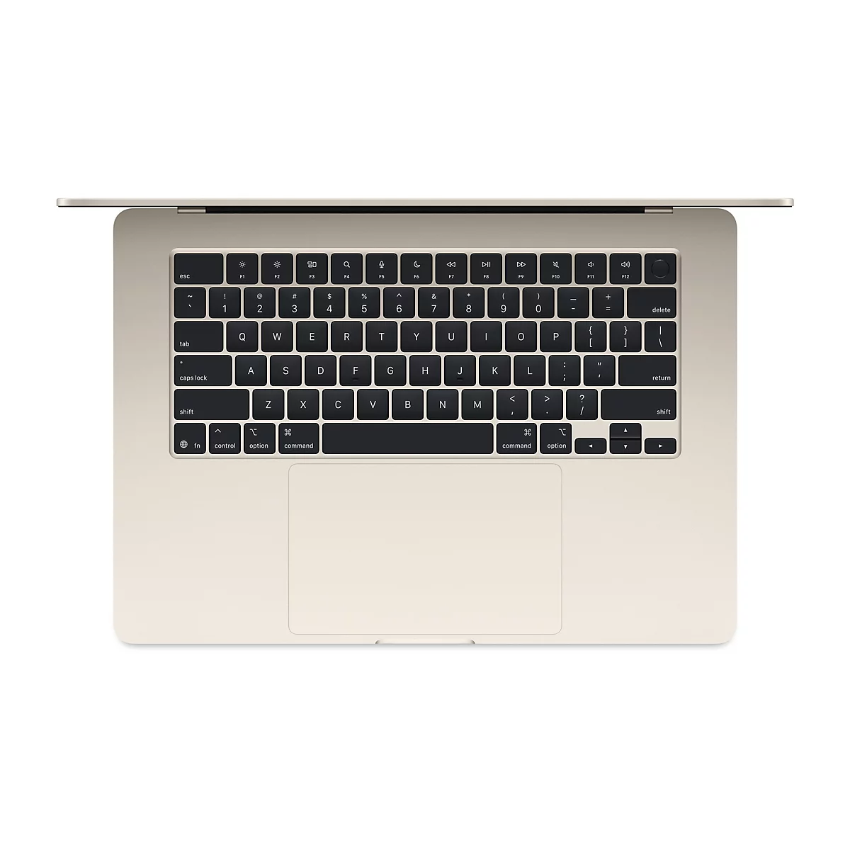 Hellgoldenes Macbook, Draufsicht. Die Tastatur ist schwarz mit weißen Buchstaben. Das Touchpad ist unten mittig. Der Bildschirm ist geöffnet.