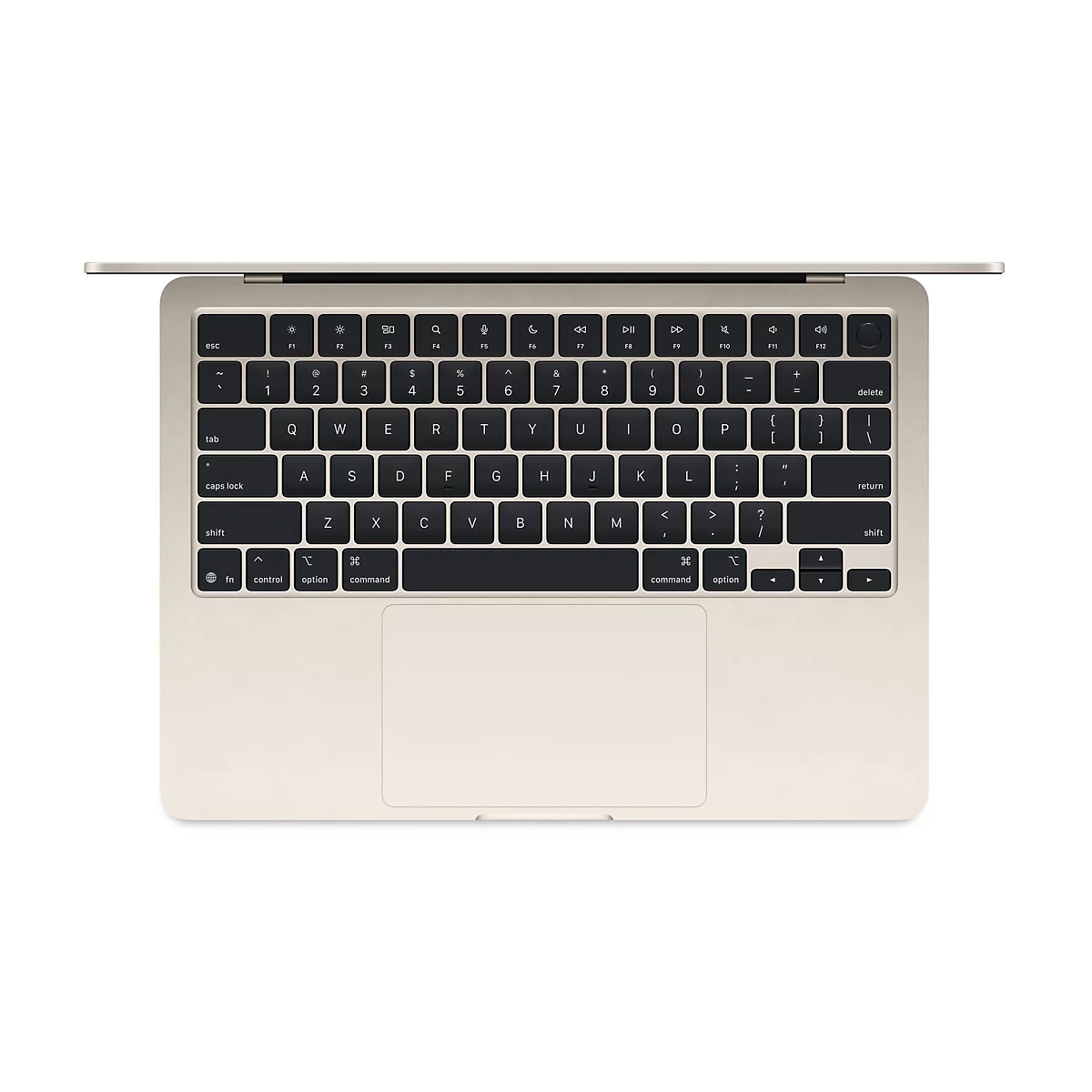 Draufsicht auf ein beigefarbenes MacBook-Tastatur-Layout mit schwarzen Tasten. Oben mittig sind Funktionstasten, darunter Buchstaben-, Zahlen- und Sonderzeichen.