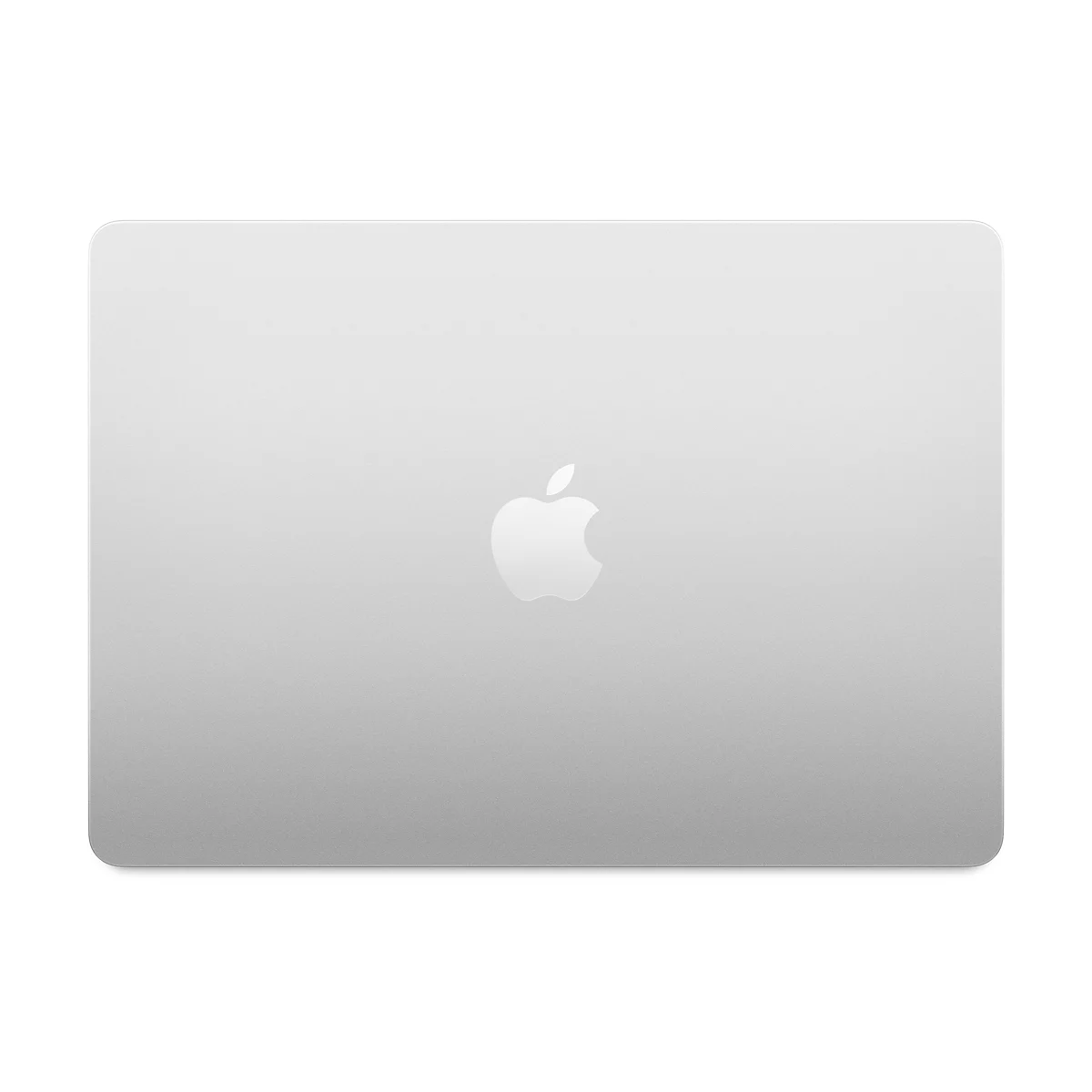 Silbernes Apple MacBook-Logo auf einem Laptop-Deckel. Der Hintergrund ist weiß.