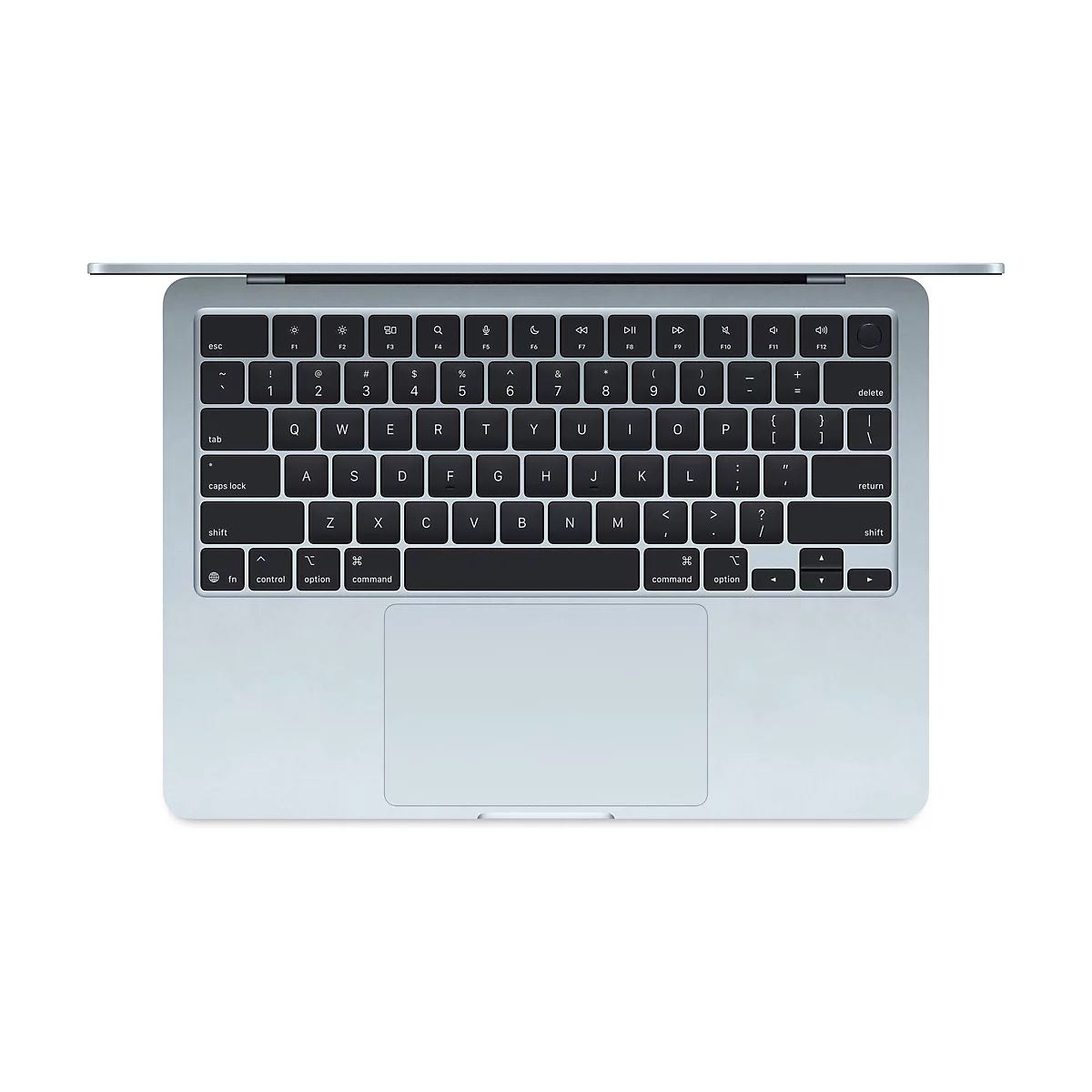 Draufsicht auf eine silberne Laptop-Tastatur mit schwarzen Tasten. Alle Tasten sind beschriftet, einschließlich Buchstaben, Zahlen und Sonderzeichen.