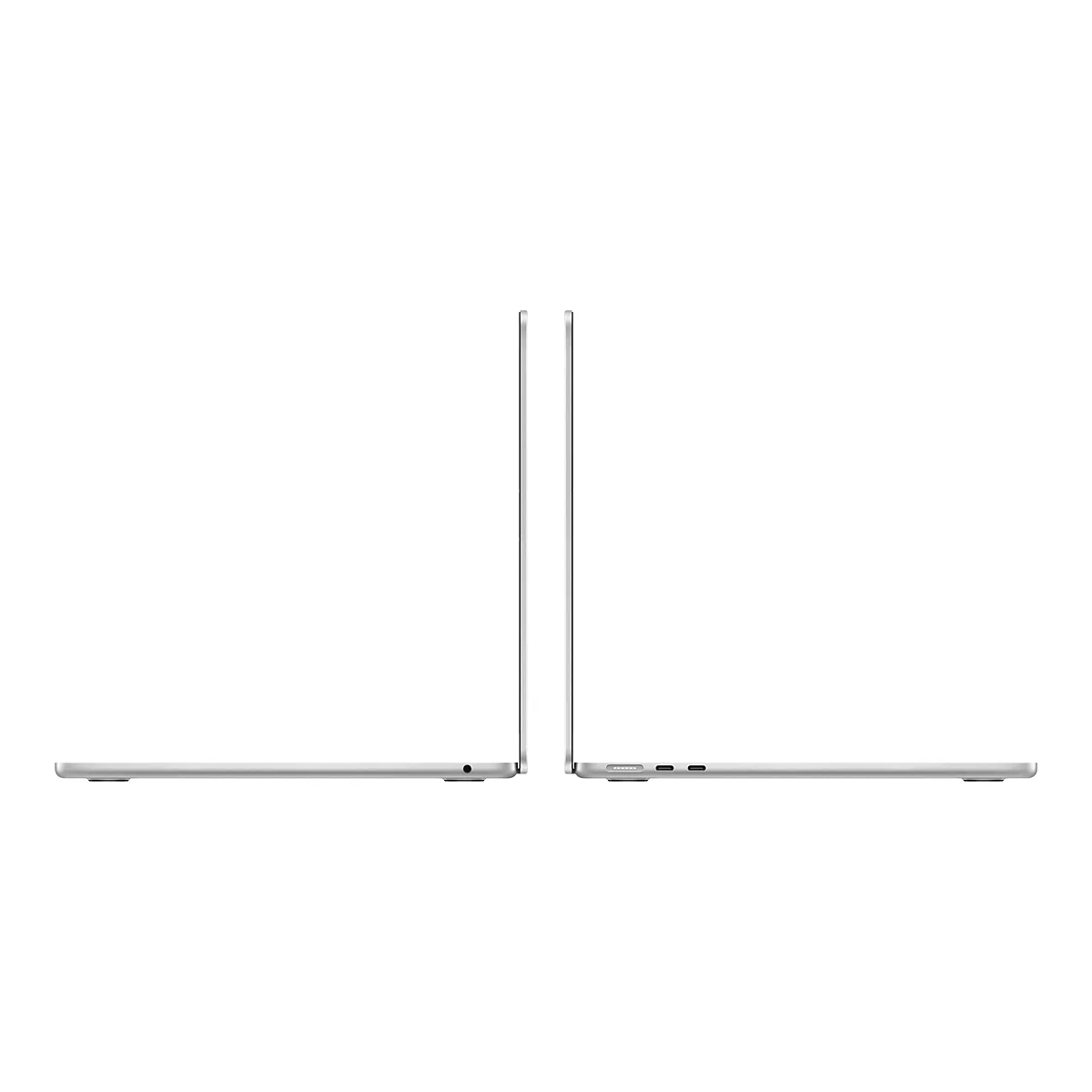 Zwei silberfarbene Laptops im Profil, nebeneinander vor weißem Hintergrund. Einer hat einen Kopfhöreranschluss, der andere USB-C-Anschlüsse.