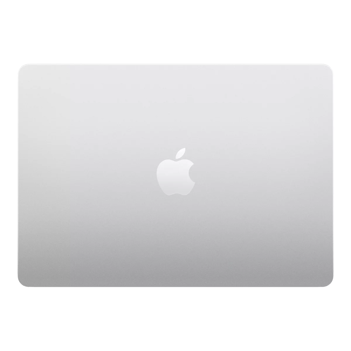 Silberner Laptop-Deckel mit weißem Apple-Logo in der Mitte.