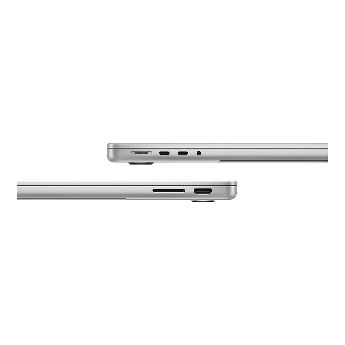 Zwei silberne Laptops, Seitenansicht, gegen weißen Hintergrund. Obere Reihe: Anschlüsse. Untere Reihe: Anschlüsse.