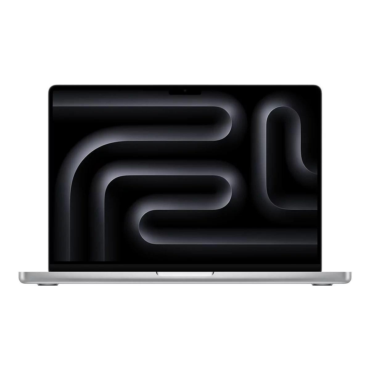 Ein silberner Laptop auf weißem Hintergrund mit einem schwarzen, abstrakten Design auf dem Bildschirm.