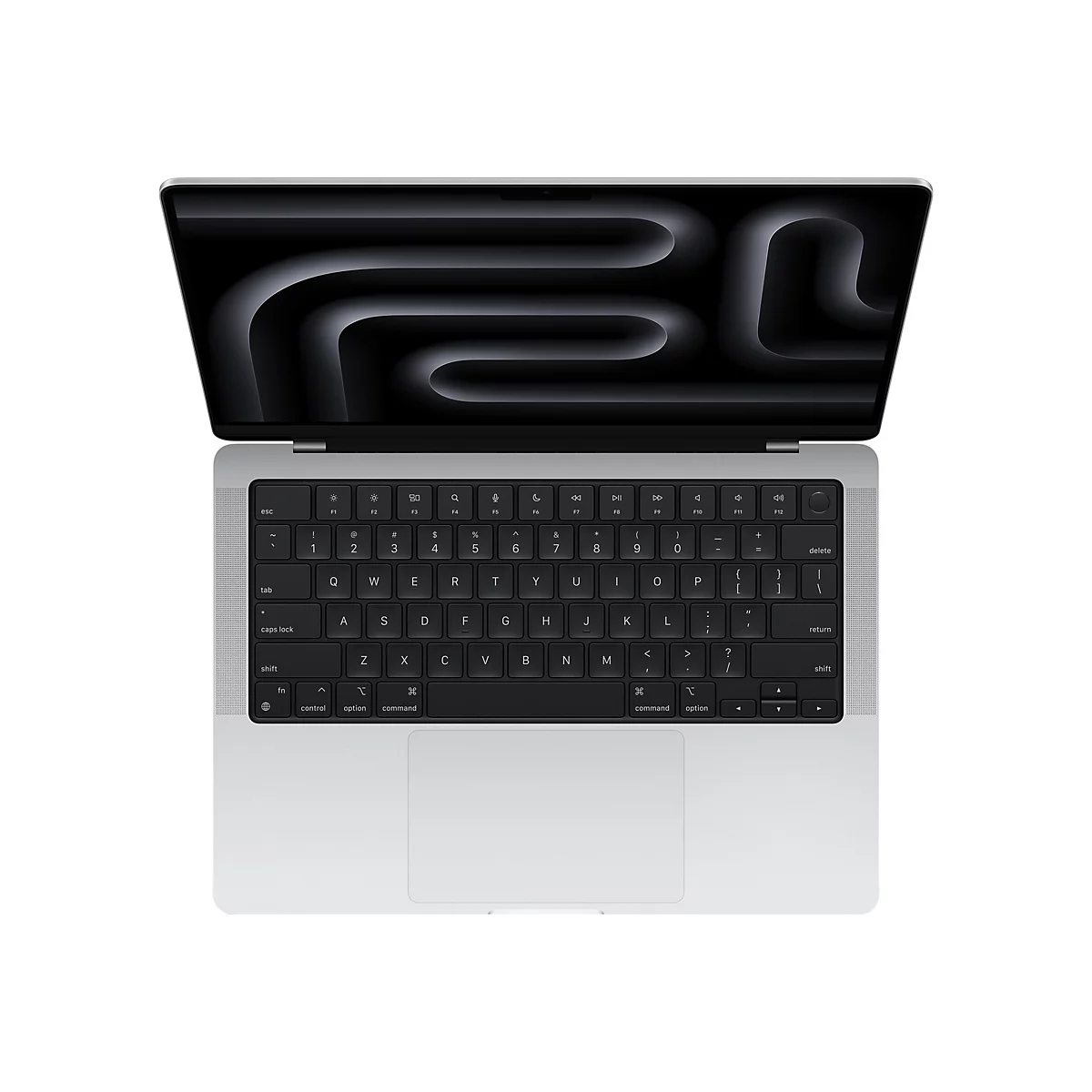 Draufsicht auf ein geöffnetes silbernes MacBook mit schwarzer Tastatur und Bildschirm mit einem abstrakten Muster. Der Bildschirm ist leicht angewinkelt.