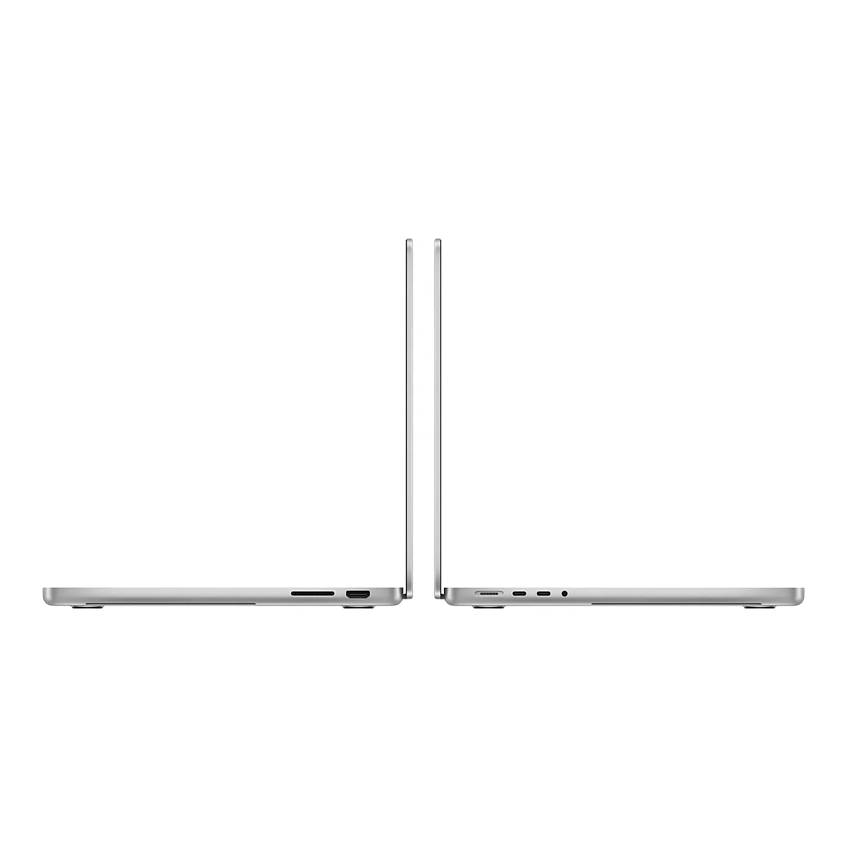 Zwei graue Laptops stehen nebeneinander; einer zeigt die Seite mit Anschlüssen.