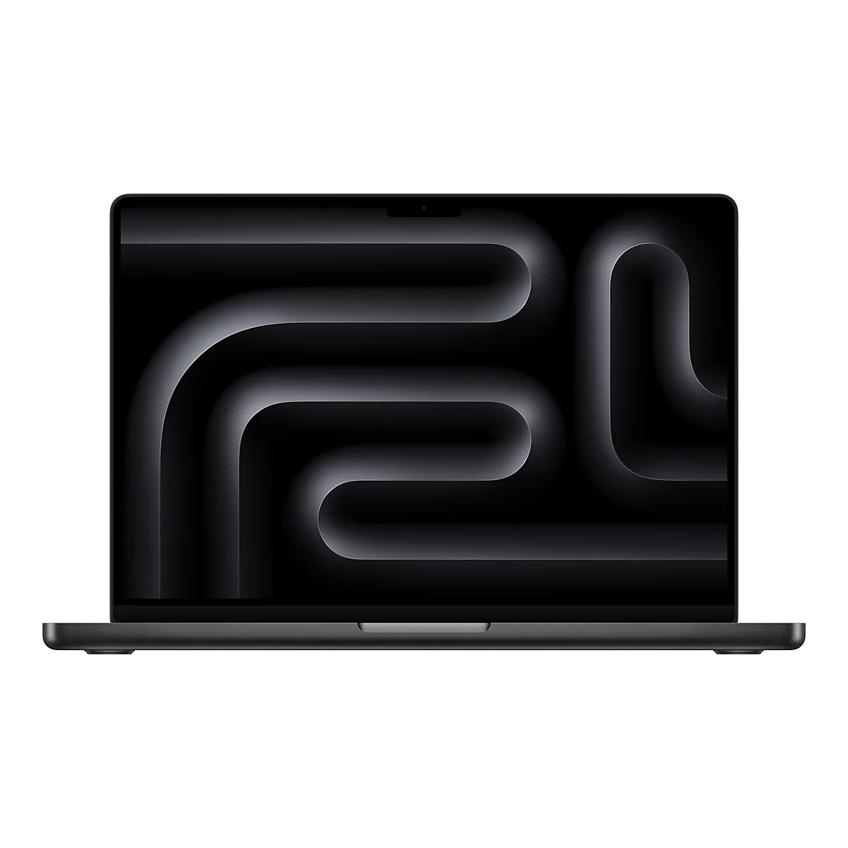 Schwarzes MacBook vor weiÃŸem Hintergrund. Auf dem Bildschirm sind graue, geschwungene Linien zu sehen.