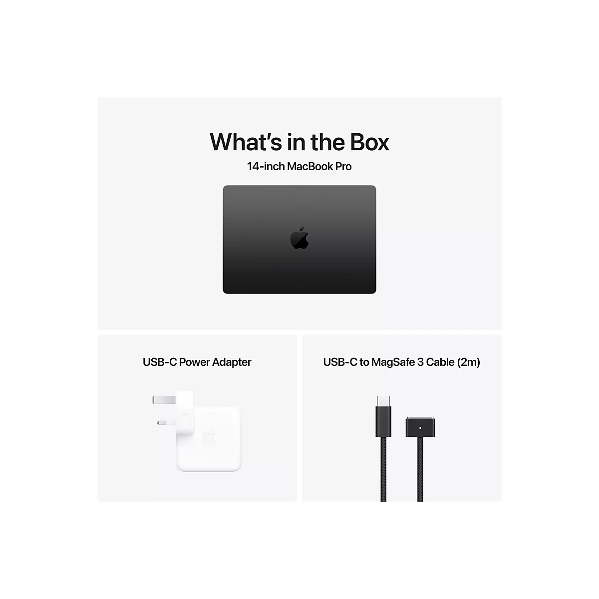 Das MacBook Pro, USB-C-Netzteil und USB-C-zu-MagSafe 3-Kabel werden in einer Box angezeigt.