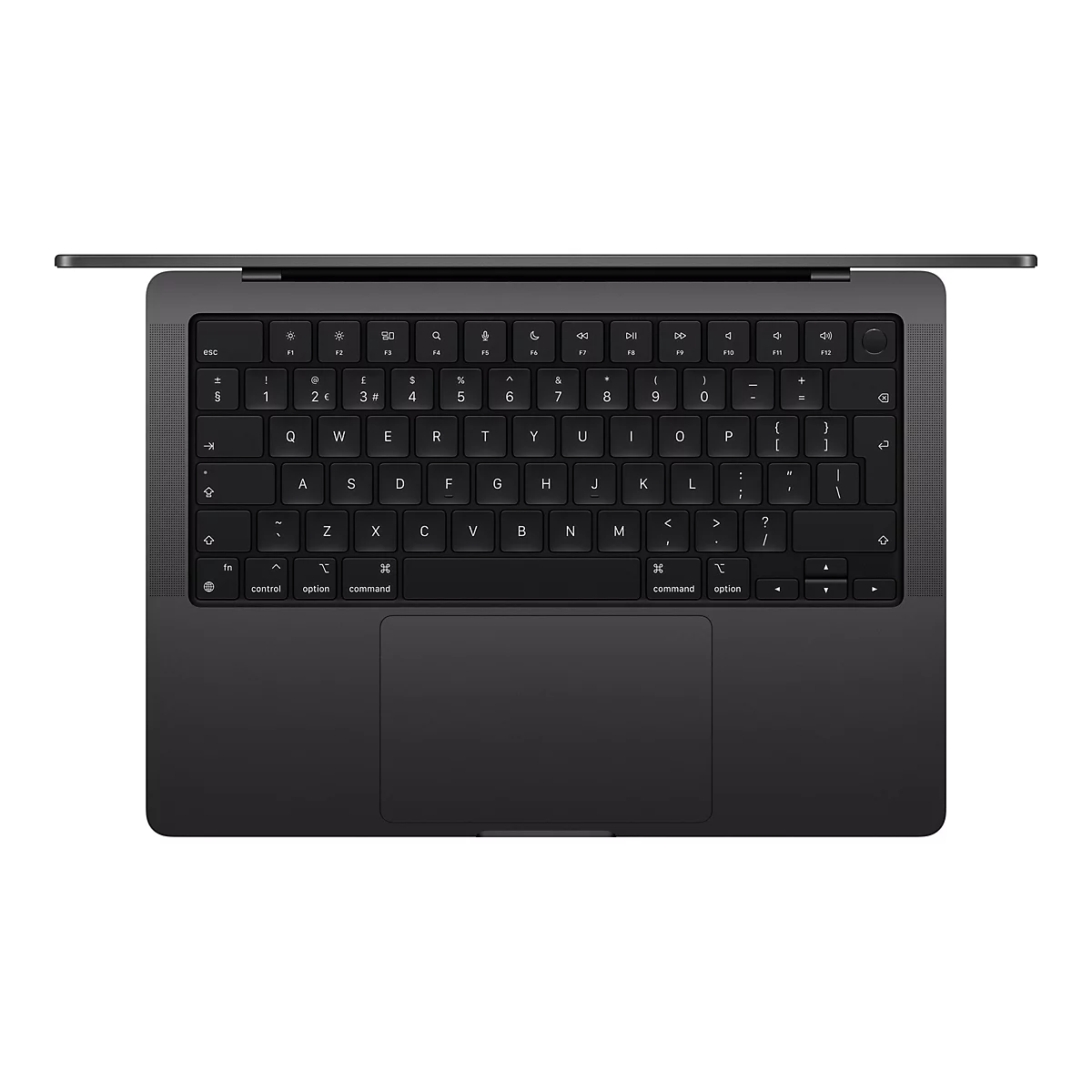 Draufsicht auf ein schwarzes MacBook, Tastatur und Trackpad sind deutlich zu sehen.