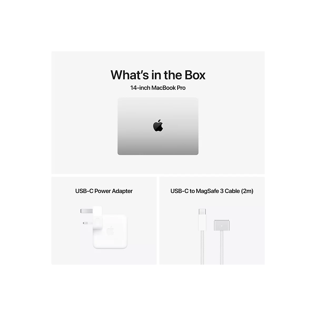 Das Bild zeigt einen 14-Zoll-MacBook Pro, ein USB-C-Netzteil und ein USB-C-zu-MagSafe-3-Kabel (2m), die in der Box enthalten sind.
