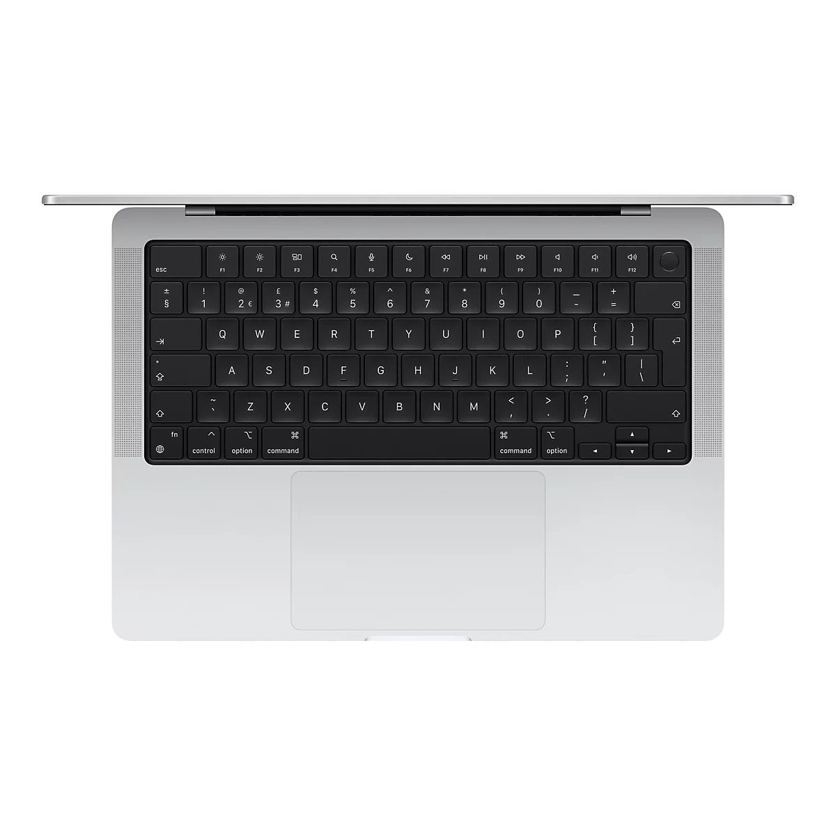 Draufsicht auf ein geÃ¶ffnetes silbernes MacBook mit schwarzer Tastatur. Der Bildschirm ist leicht geÃ¶ffnet.