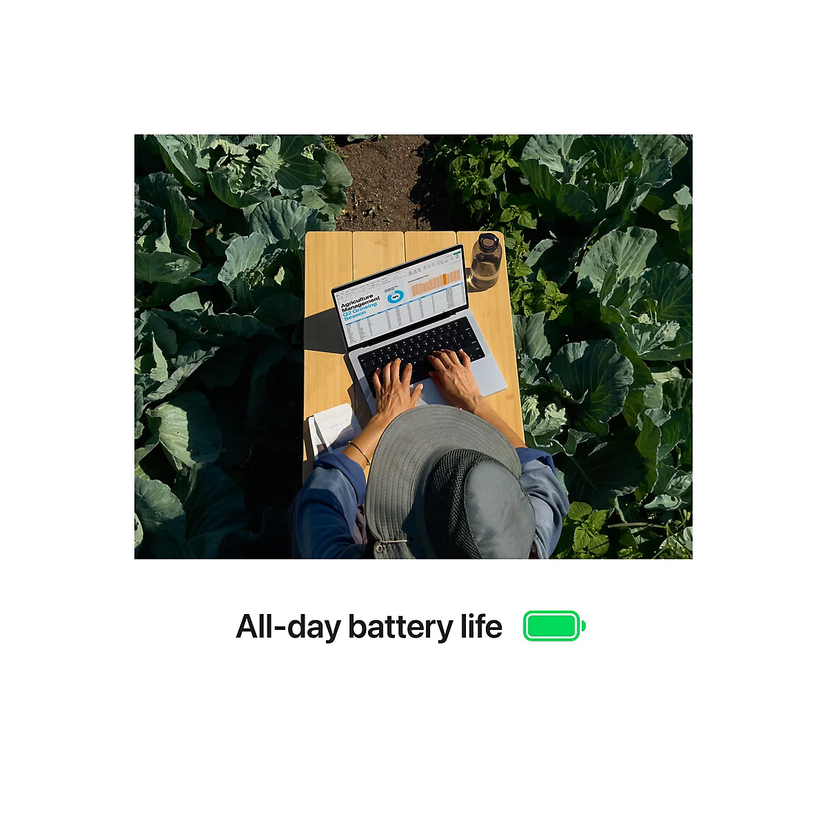Person mit Laptop in einem Feld. Sie arbeitet an einem Holztisch, von oben gesehen.