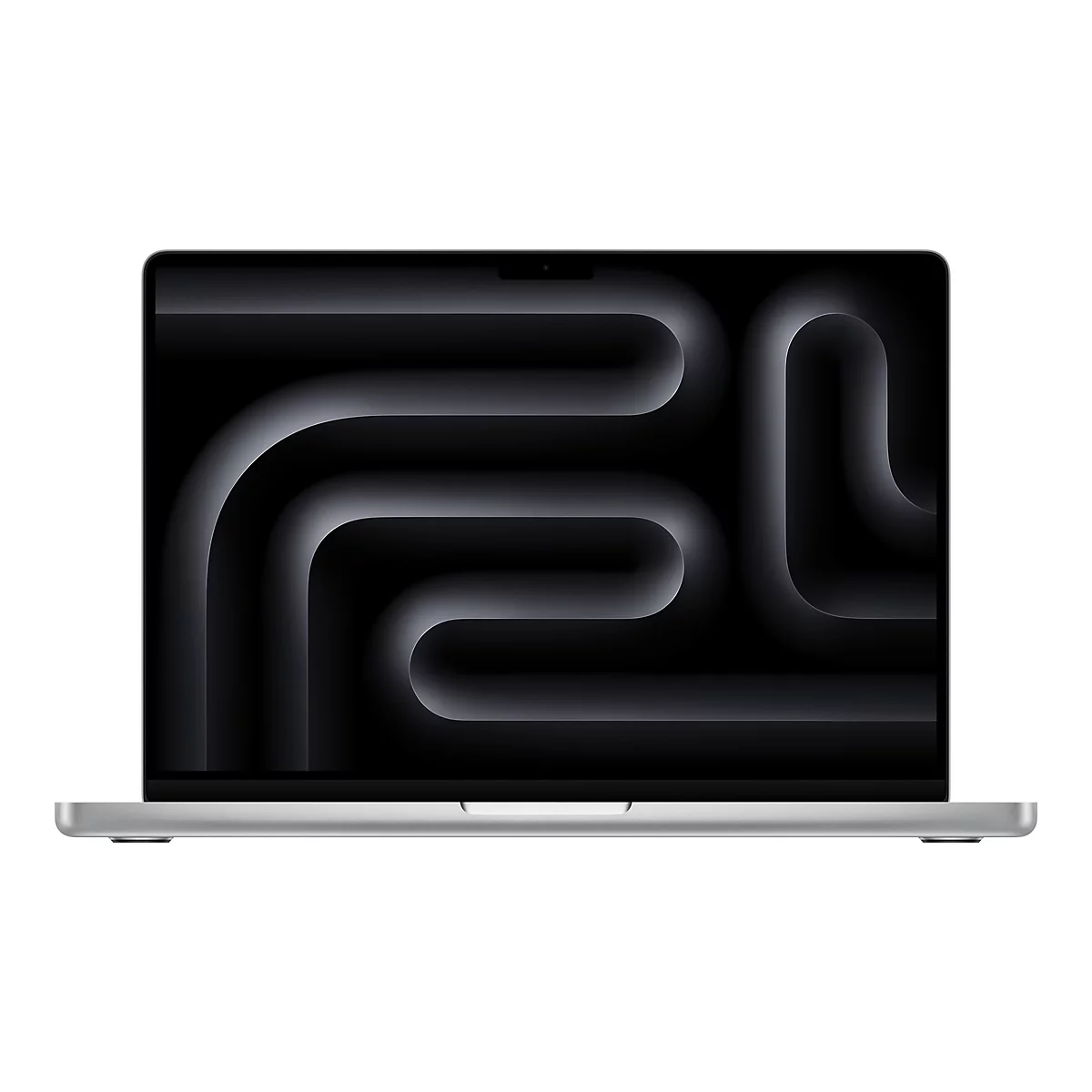 Ein silbernes Laptop mit einem schwarzen Bildschirm, auf dem ein gewelltes Muster zu sehen ist.