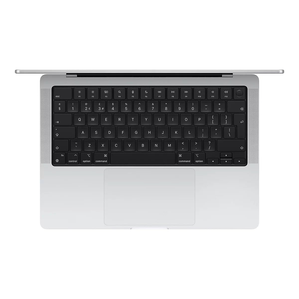 Draufsicht auf ein silbernes Macbook mit schwarzer Tastatur und Touchpad auf weiÃŸem Hintergrund.