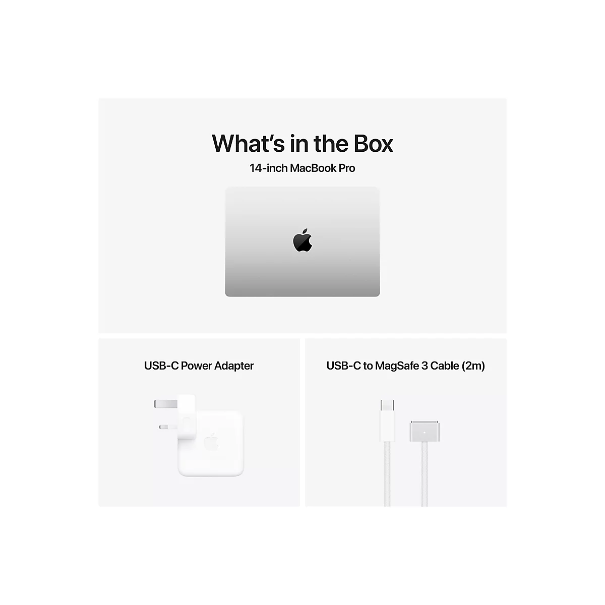 InhaltsÃ¼bersicht des 14-Zoll MacBook Pro: Laptop, USB-C-Netzteil, USB-C-auf-MagSafe-3-Kabel.