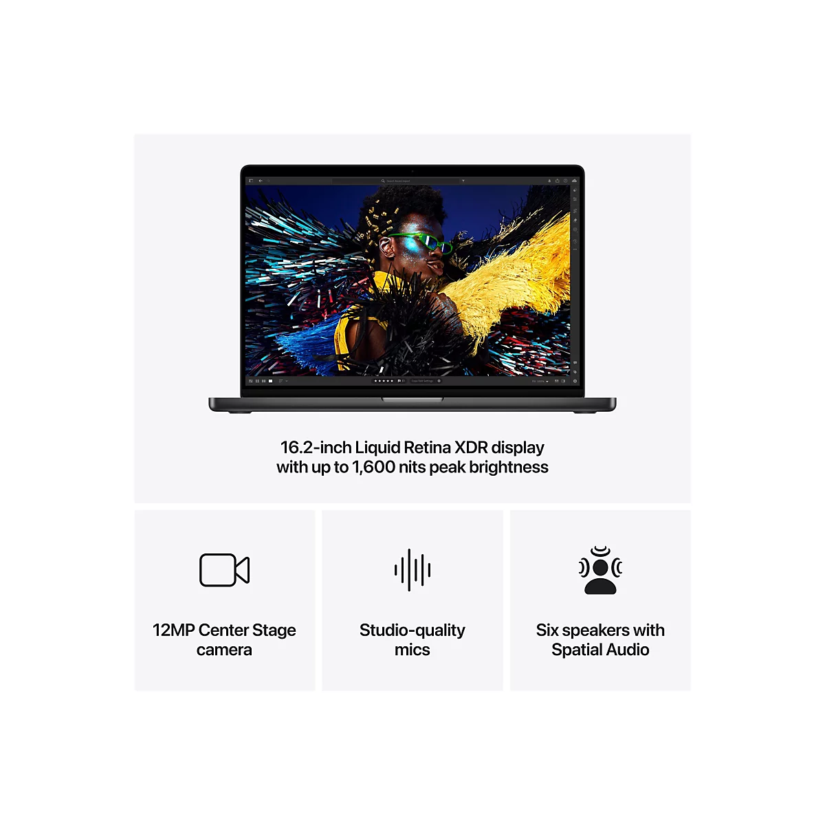 Dunkles MacBook. Bildschirm mit abstraktem Kunstwerk. Text: 16,2-Zoll Liquid Retina XDR Display, 12 MP Center Stage Kamera, Studio-Mikrofone, 6 Lautsprecher mit Spatial Audio.