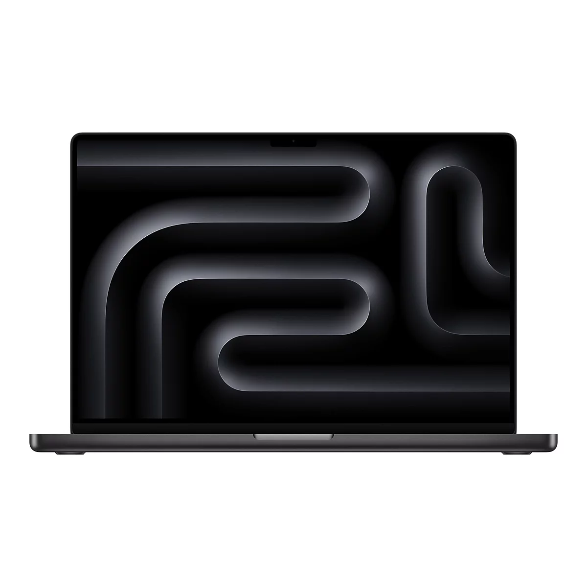 Dunkelgraues Macbook mit einem Display, das ein geschwungenes Muster zeigt, vor weiÃŸem Hintergrund.