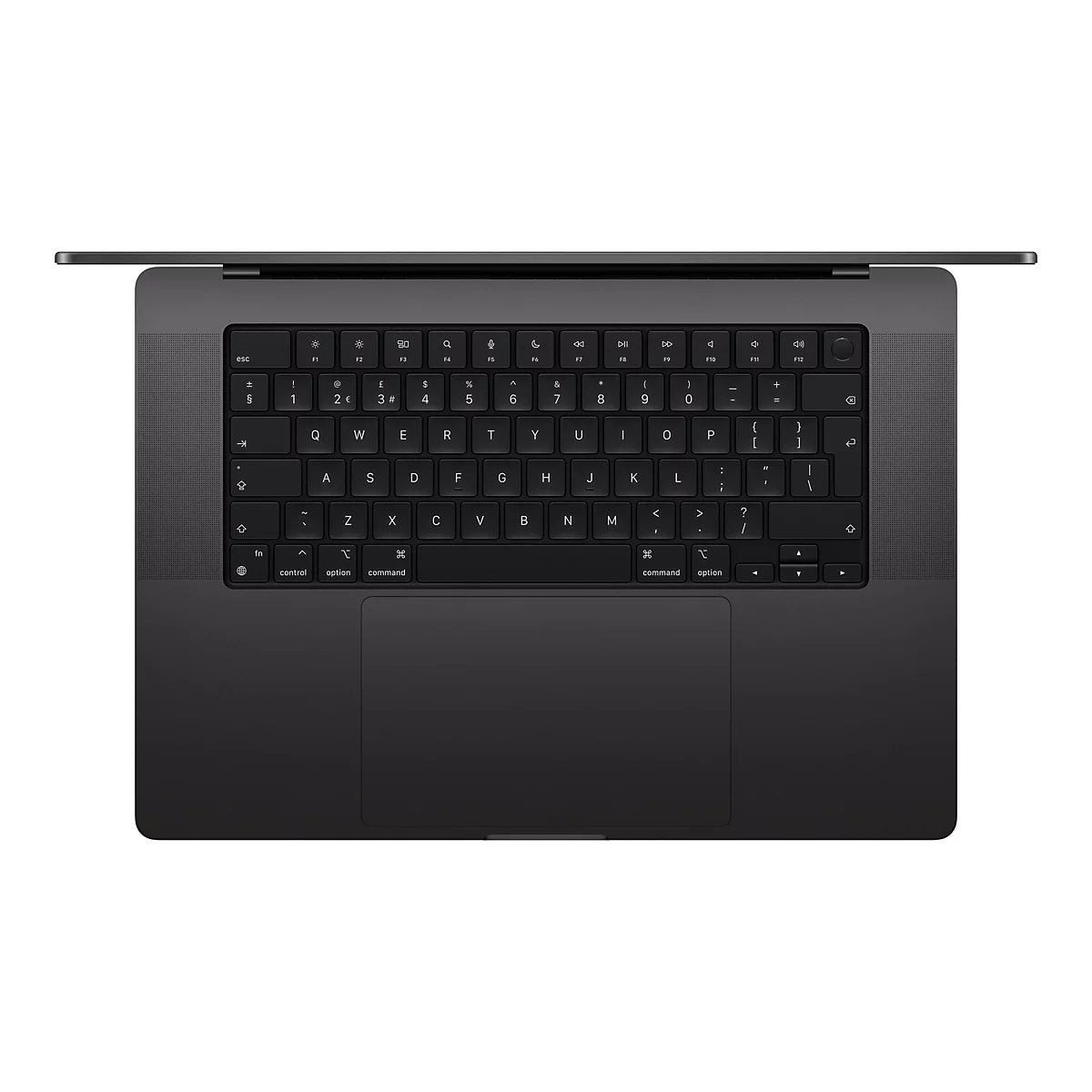 Draufsicht auf ein schwarzes Laptop-Keyboard, Tastatur und Trackpad deutlich zu sehen.