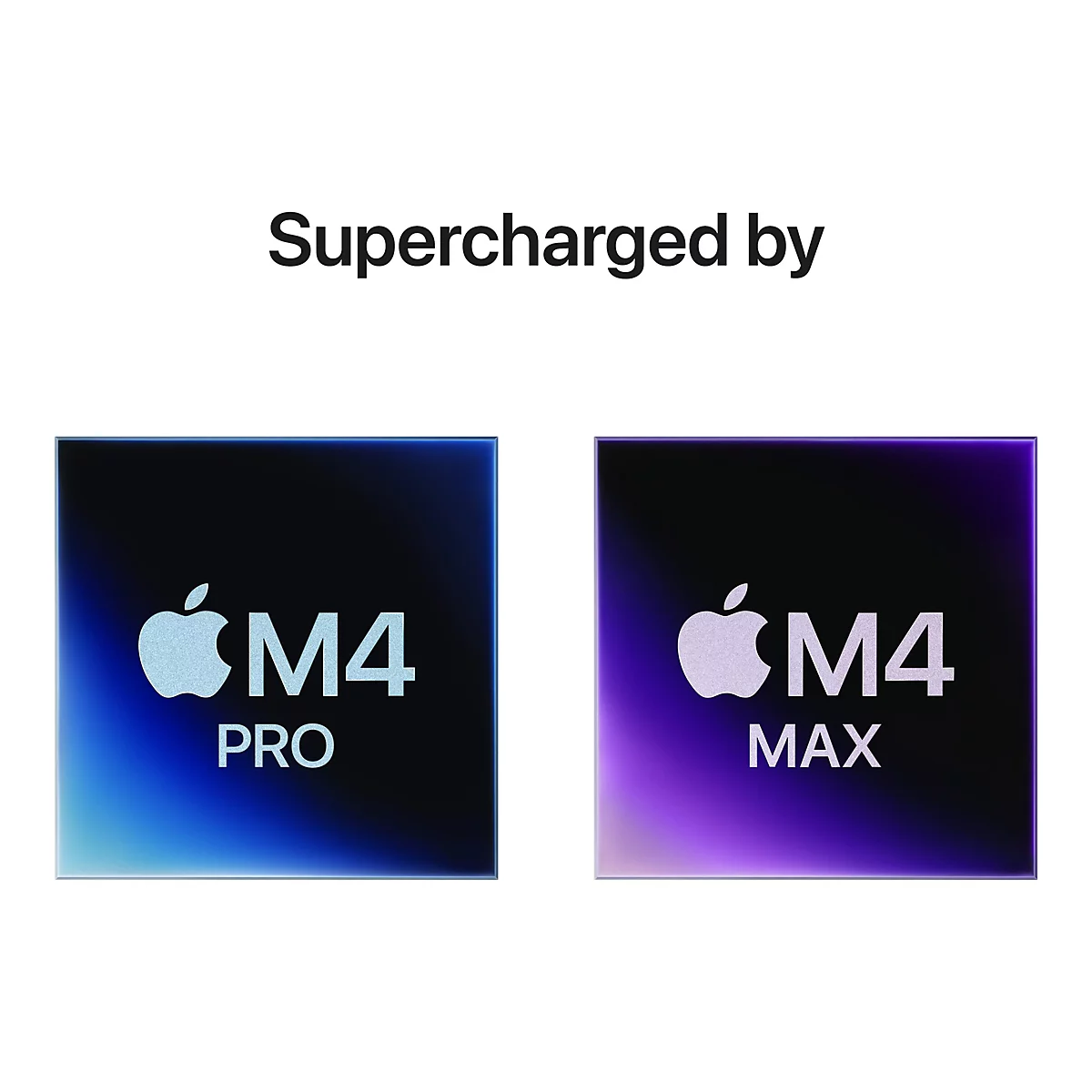 Zwei quadratische Grafiken mit Apple-Logo und Text: M4 PRO, M4 MAX. Der Schriftzug Supercharged by ist oberhalb.