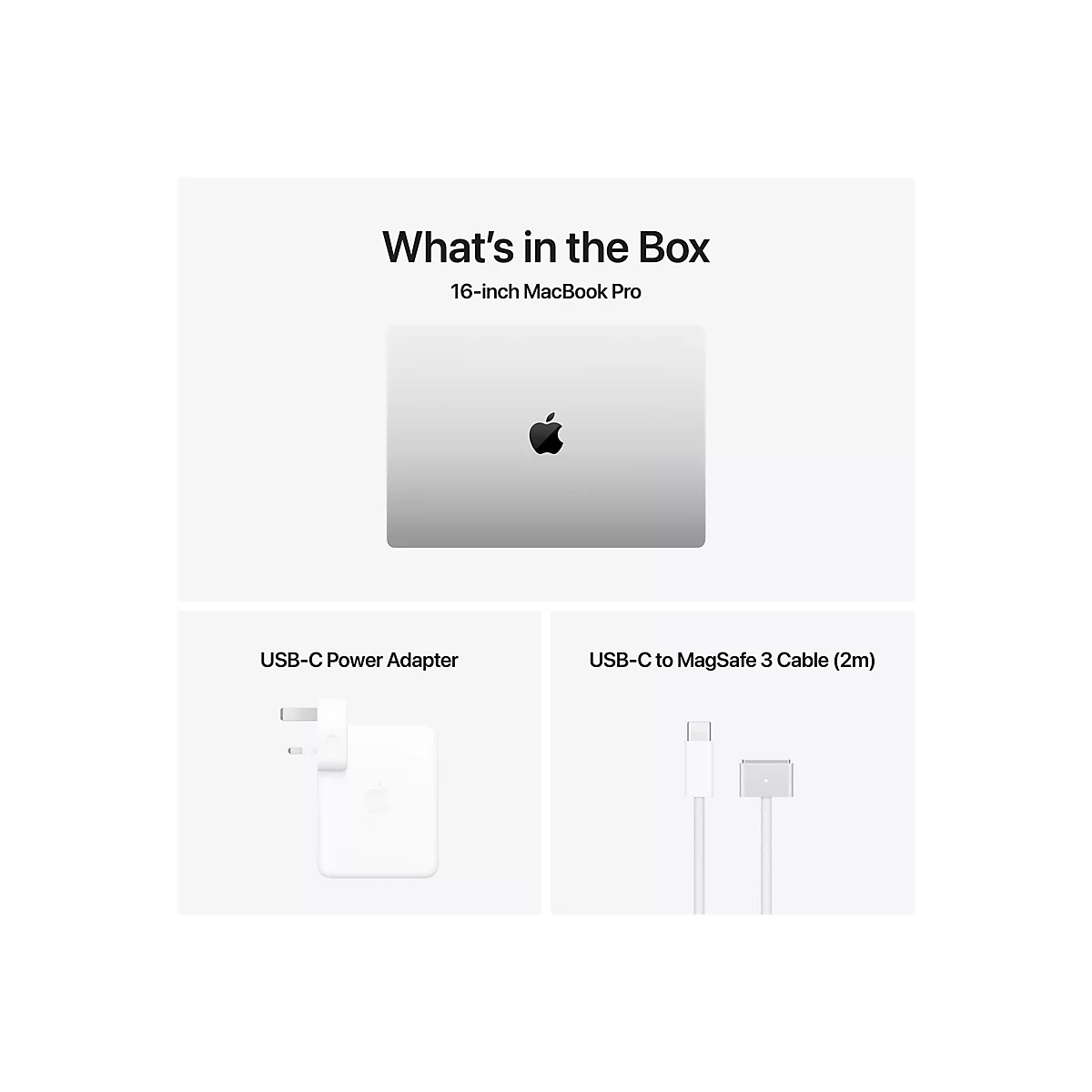 InhaltsÃ¼bersicht des 16-Zoll MacBook Pro: Laptop, USB-C-Netzteil, USB-C-zu-MagSafe-3-Kabel.