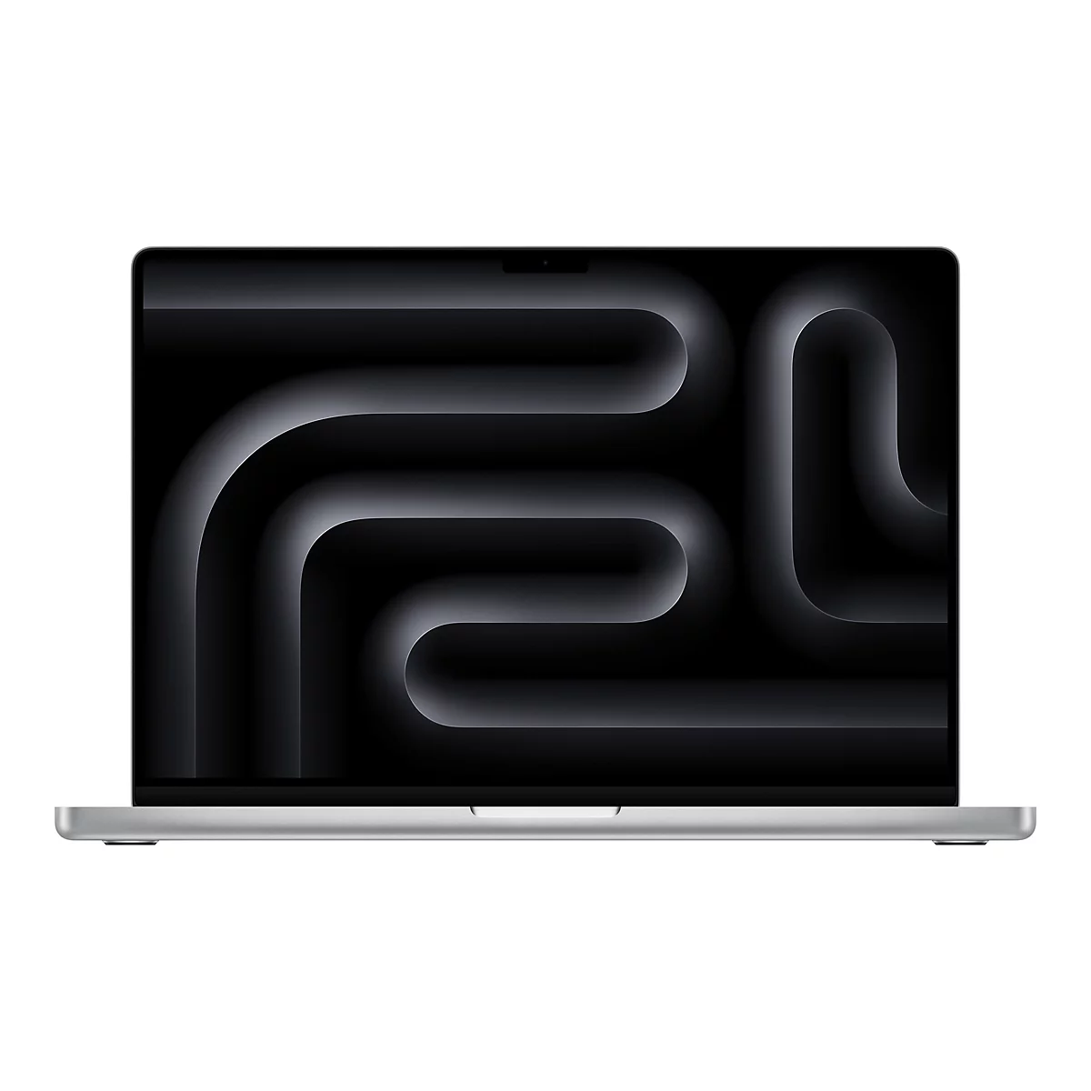 Graues Macbook-Laptop, geÃ¶ffnet, zeigt ein abstraktes schwarzes Muster. Der Bildschirm ist von schmalen schwarzen RÃ¤ndern umgeben.