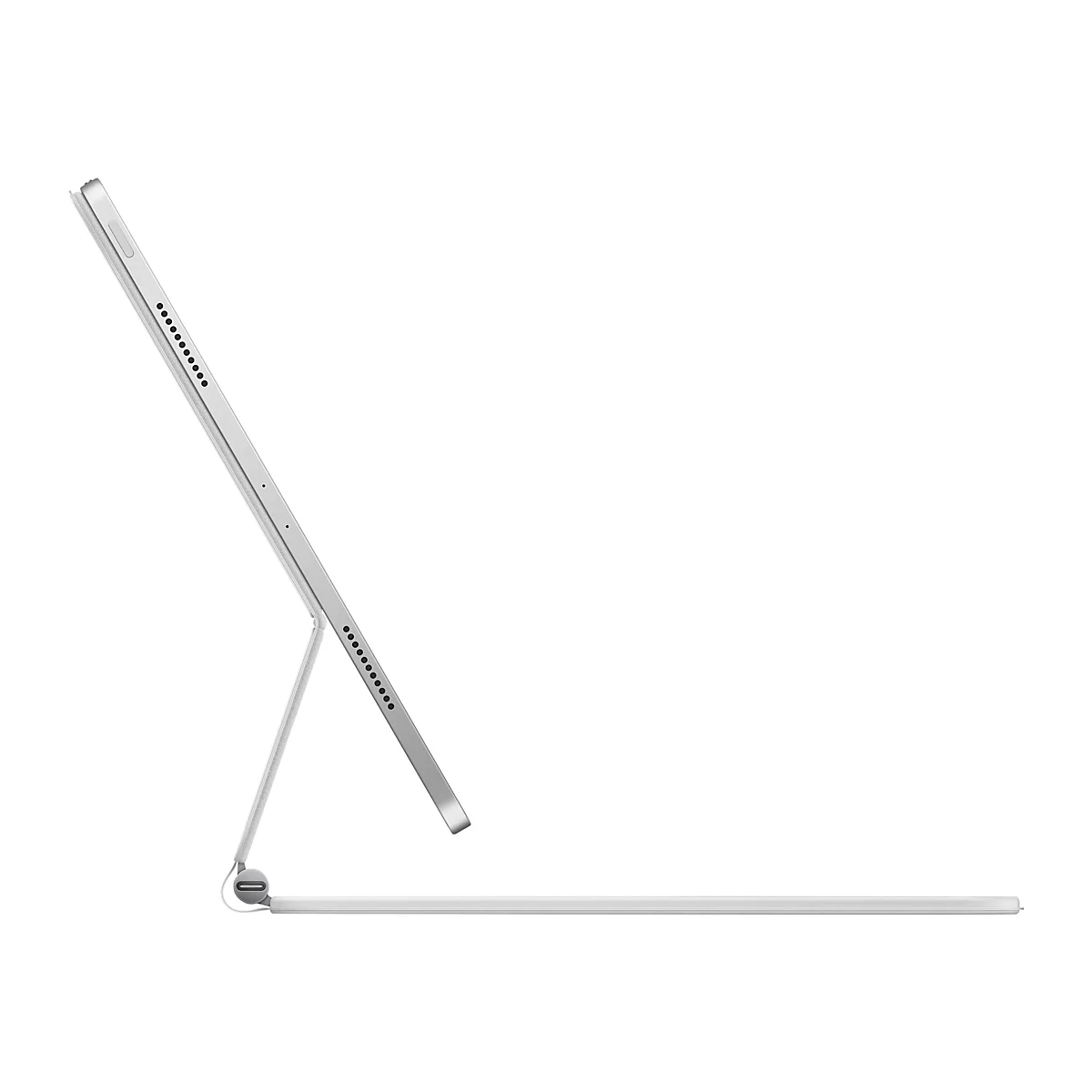 Tablette argentÃ©e, lÃ©gÃ¨rement inclinÃ©e, avec clavier intÃ©grÃ©, sur fond blanc.
