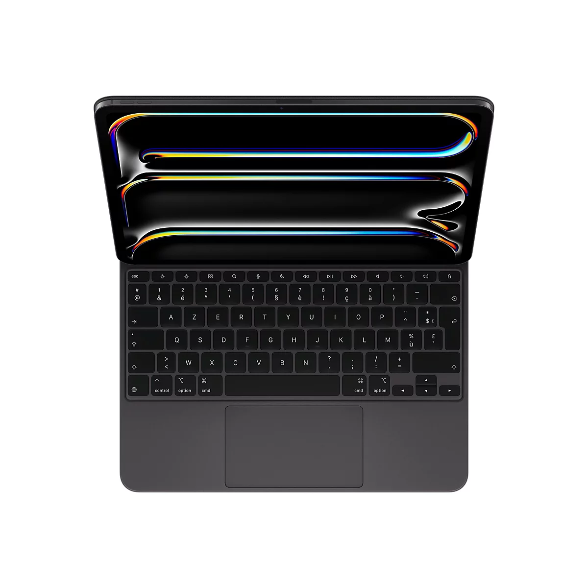 iPad Pro Apple gris foncé avec l'écran ouvert. Des lignes lumineuses et abstraites sont visibles sur l'écran. Le clavier est montré au premier plan.