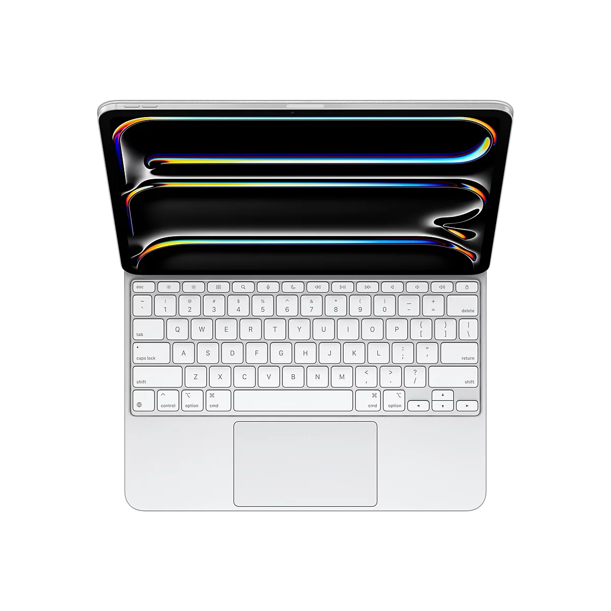 Clavier de Macbook gris clair avec écran ouvert. Clavier avec touches, comprenant lettres, chiffres et caractères spéciaux. Écran avec fond noir et effets de lumière colorés.