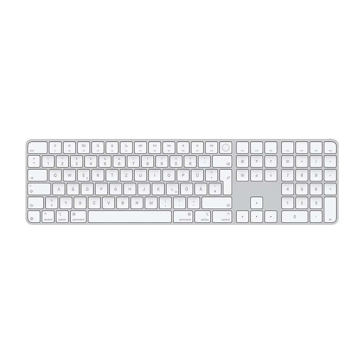 Vue de dessus d'un clavier Apple Magic Keyboard argenté. Les touches sont blanches. Sur fond blanc.