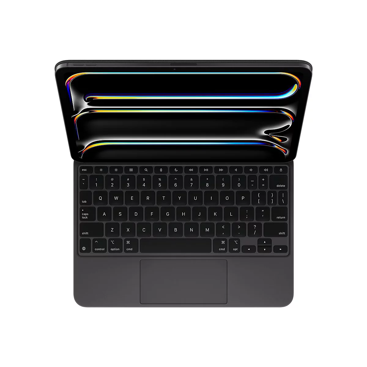 Draufsicht auf ein schwarzes Tablet mit Tastatur, Bildschirm leicht geöffnet. Die Tastatur hat weiße Schriftzeichen, darunter die Esc-Taste.