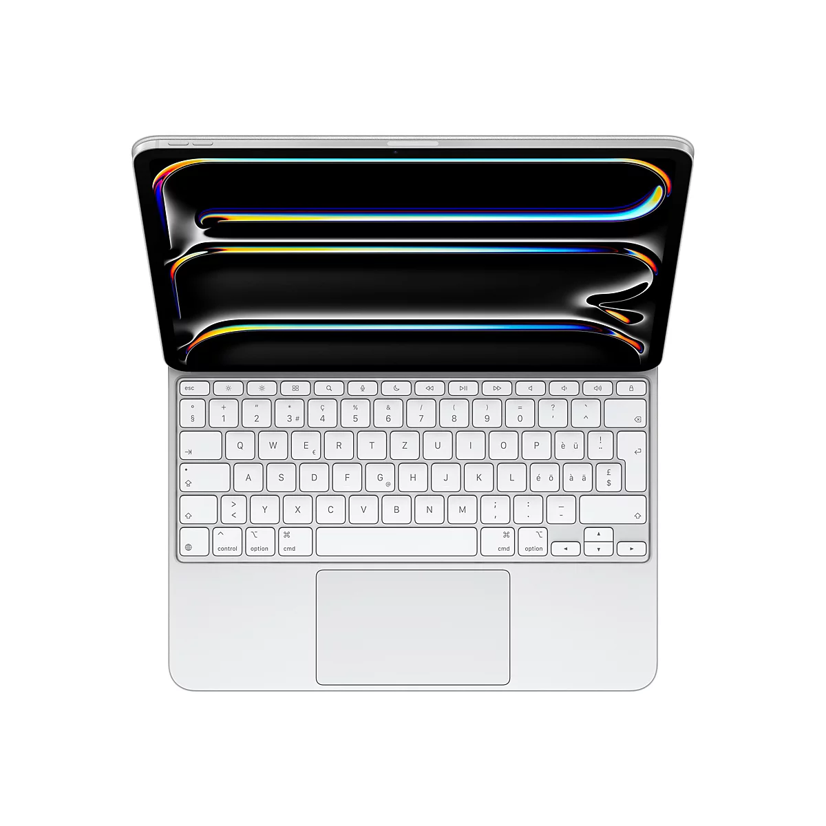 Hellgraues Macbook-Tastatur-Cover mit weissen Tasten, eingebettetem Trackpad und geöffnetem Display mit abstraktem, farbenfrohem Hintergrund.