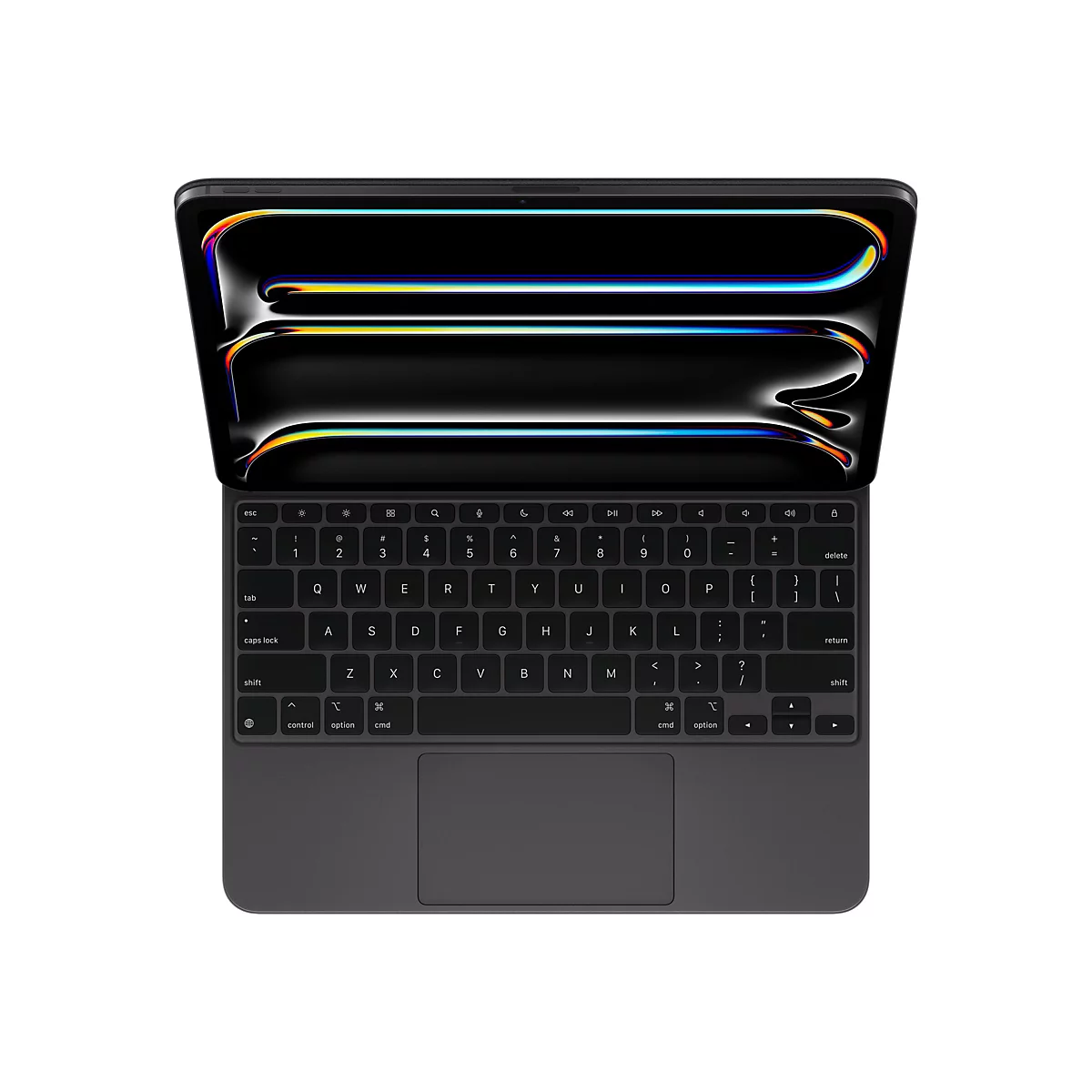 Ein graues Tablet mit geöffnetem Bildschirm und Tastatur. Der Bildschirm zeigt ein abstraktes Muster in bunten Farben. Die Tastatur hat schwarze Tasten mit weißen Beschriftungen.