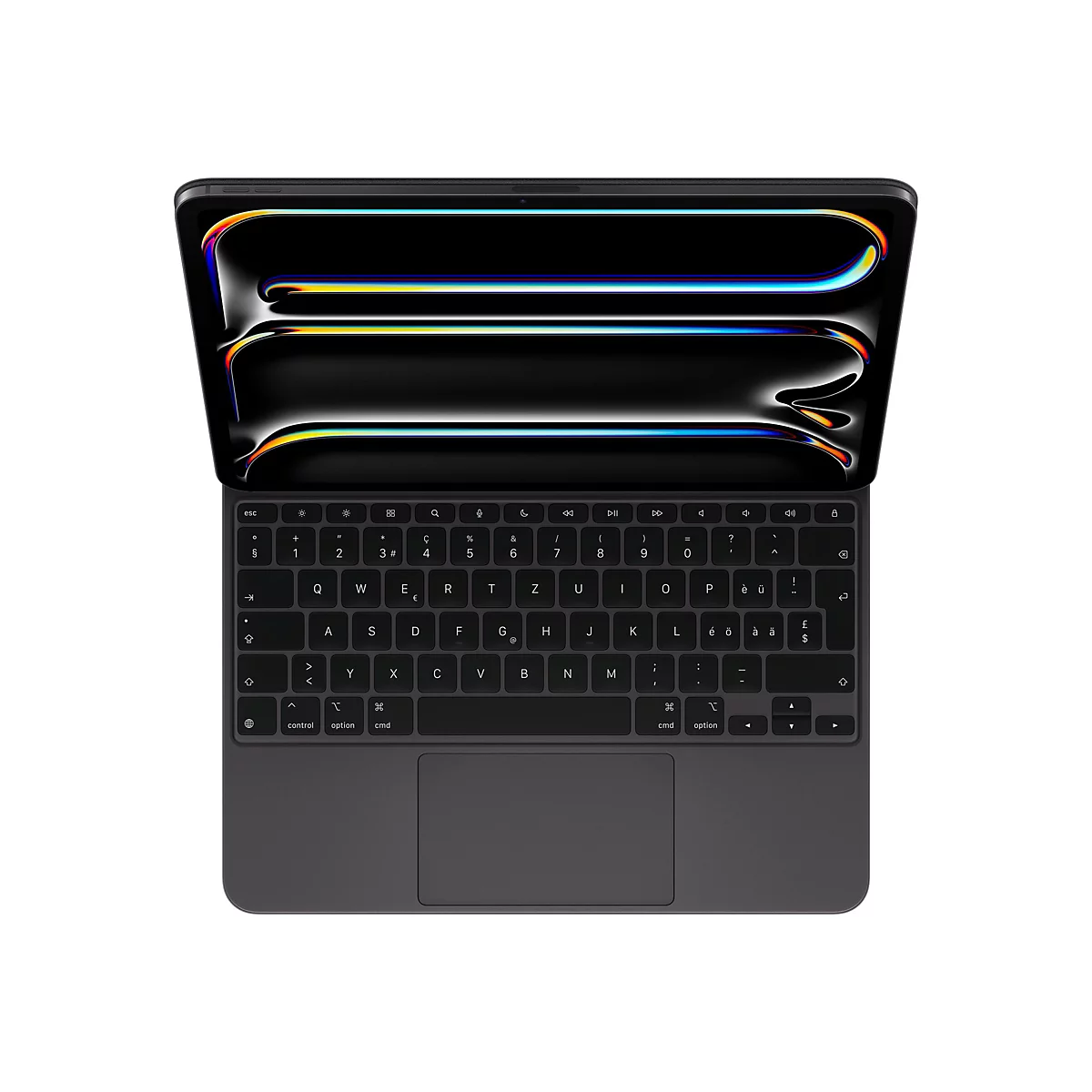 Ein graues Tablet mit Tastatur, die im geöffneten Zustand von oben fotografiert wurde. Der Bildschirm zeigt ein abstraktes, farbenfrohes Muster.