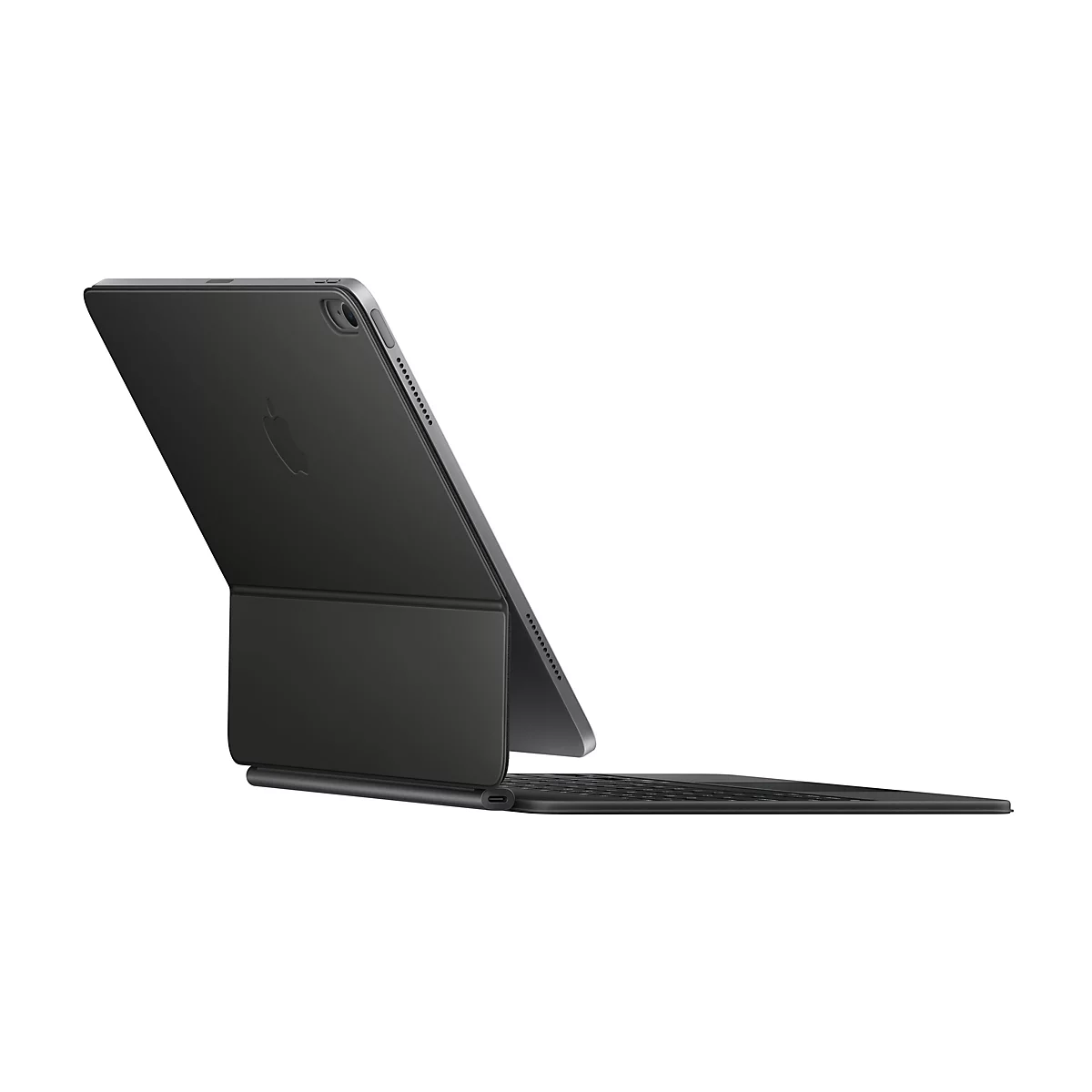 Dunkelgraues iPad mit Tastatur und Ständer, der Apfel ist auf dem Gehäuse zu sehen.