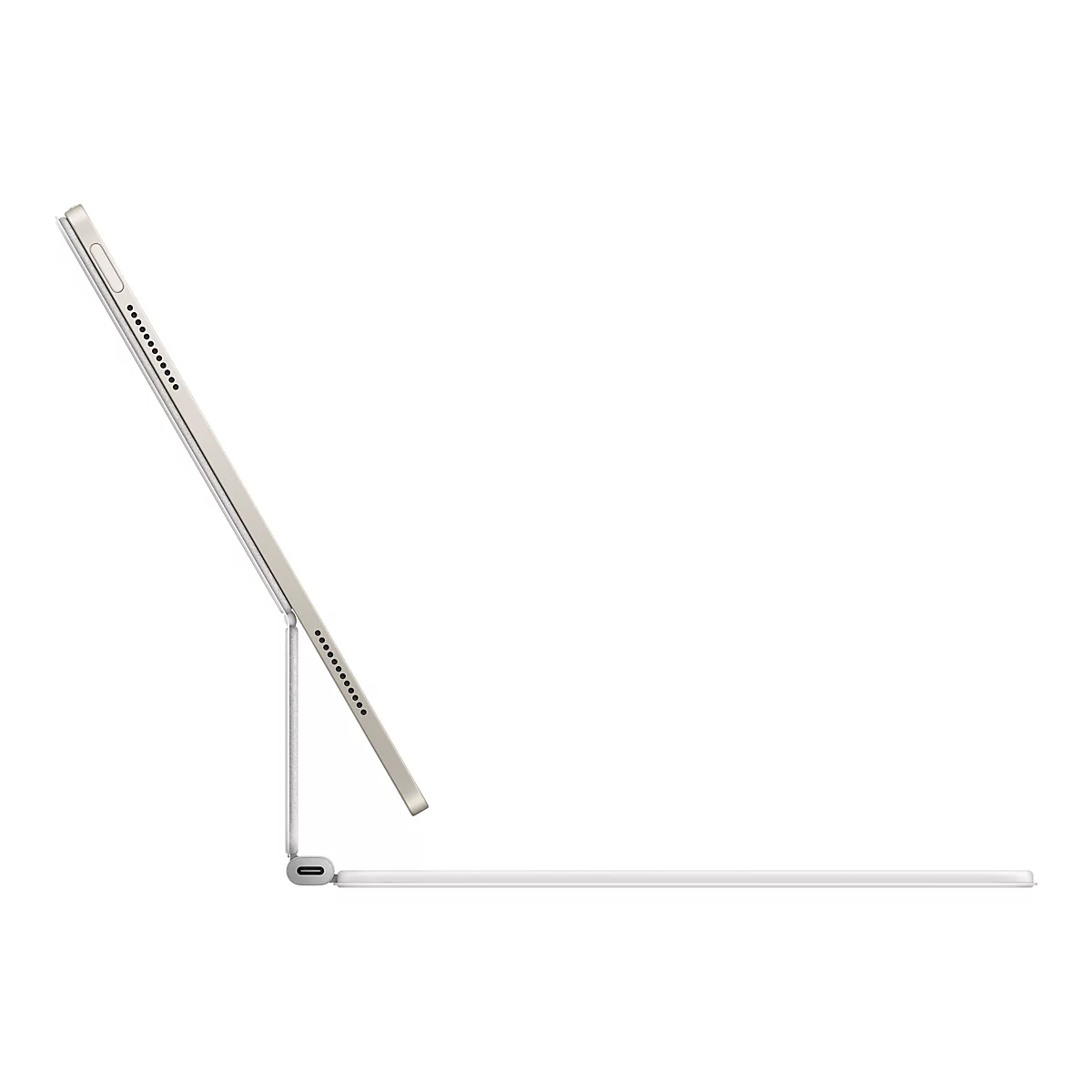 Hellgraues Tablet und Tastatur. Tablet aufrecht, verbunden. Auf hellem Hintergrund.