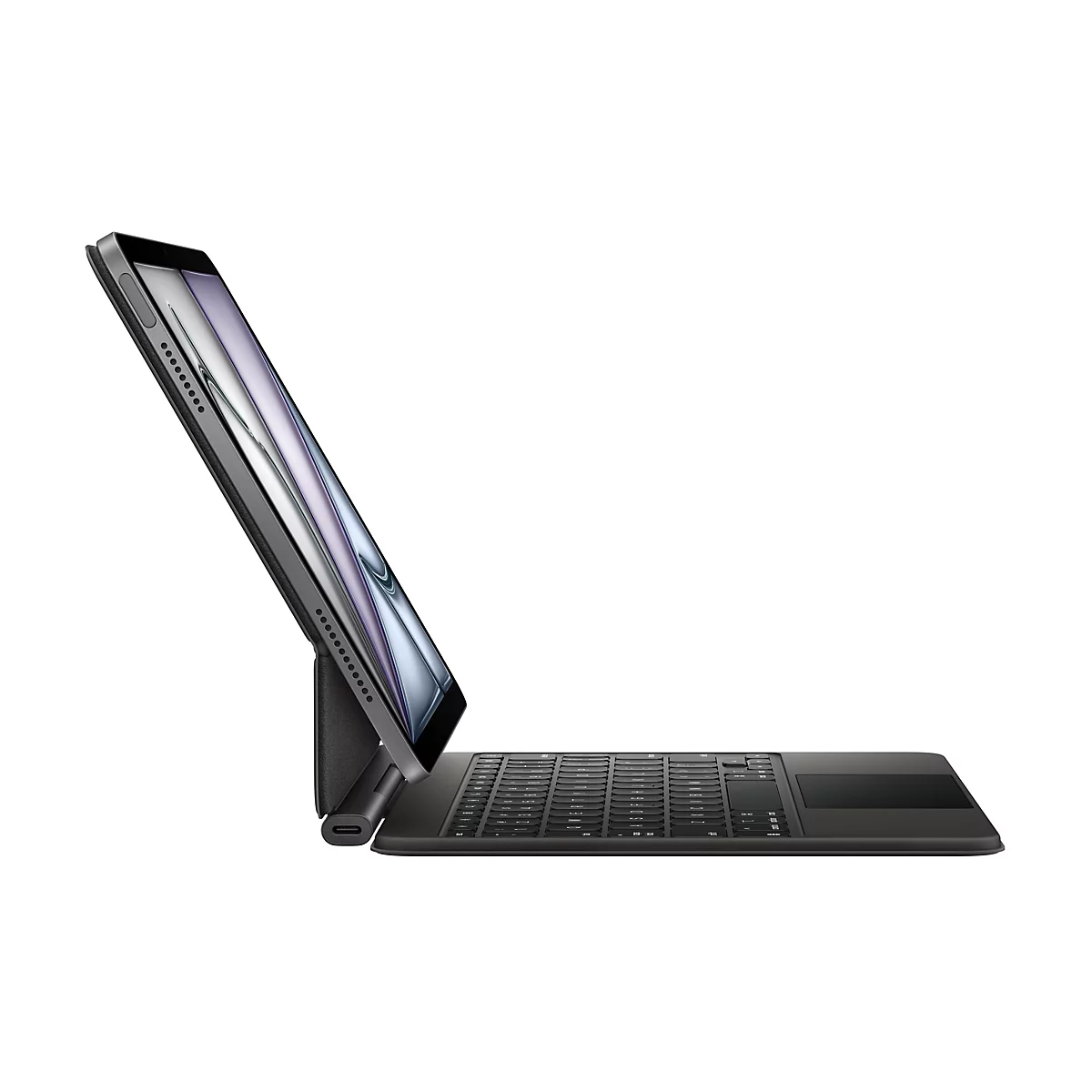 Ein graues Tablet, mit einer dunklen Tastatur, auf weißem Hintergrund. Das Tablet ist leicht geöffnet, um den Bildschirm zu zeigen.