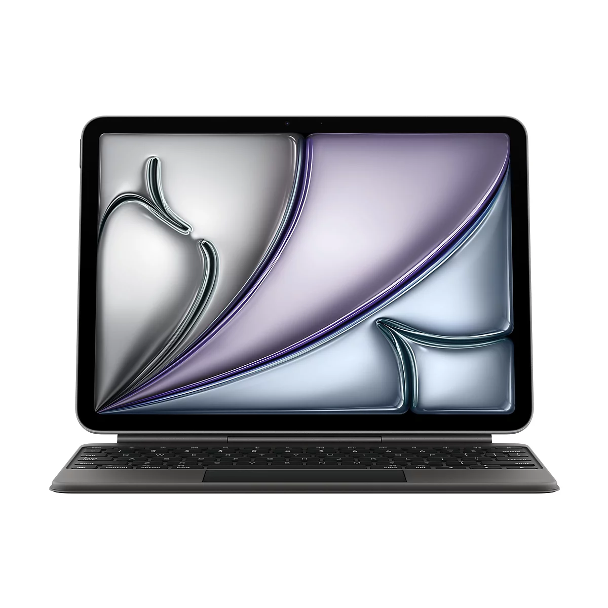 Ein graues Tablet mit angeschlossener Tastatur. Auf dem Bildschirm ist ein abstrakter Hintergrund zu sehen, der sich von Silber zu Lila verfärbt.