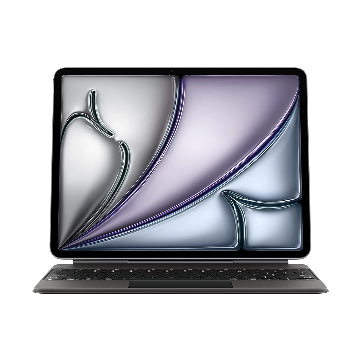 Ein graues Tablet mit aufgesetzter Tastatur. Der Bildschirm zeigt ein abstraktes, silber-violettes Muster. Schwarzer Rahmen, graue Tastatur.