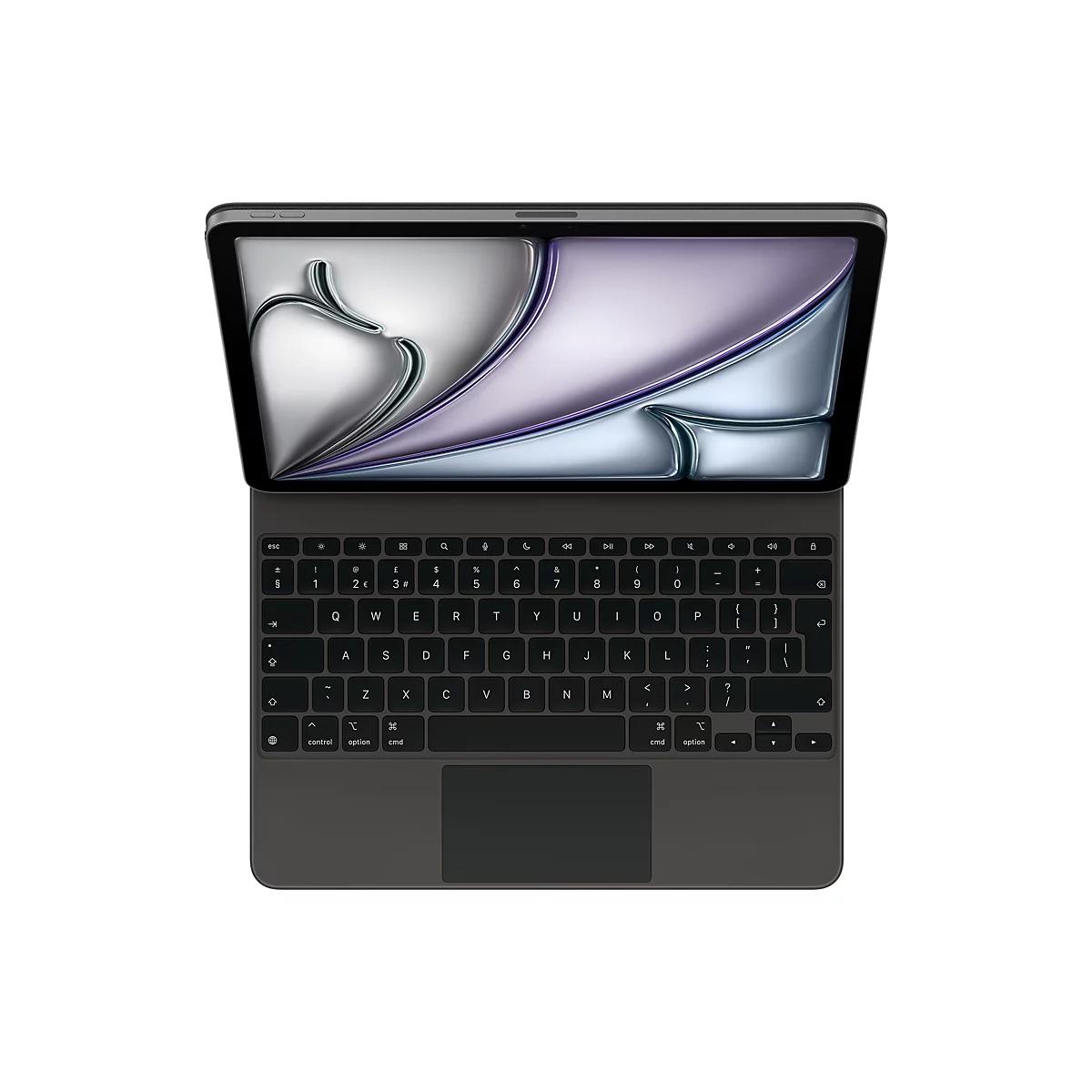 Draufsicht auf ein schwarzes Tablet mit angeschlossener Tastatur. Auf dem Bildschirm befinden sich abstrakte, metallische Formen in Silber und Lila. Die Tastatur zeigt Tasten und ein Touchpad.