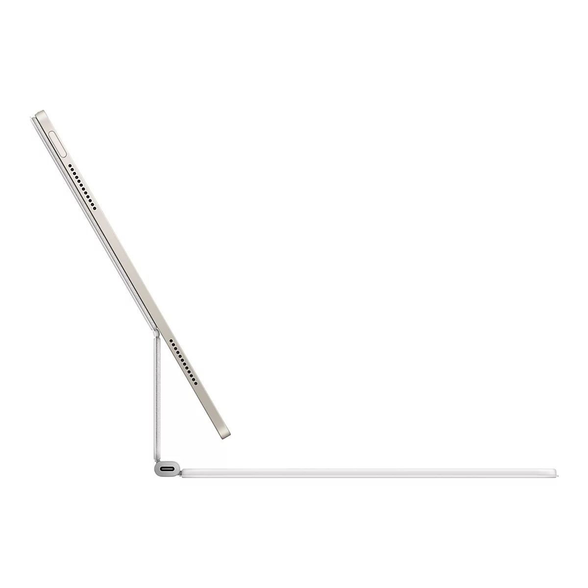 Hellgraues Tablet mit angeschlossenem, weißem Magic Keyboard im Profil. Geöffnet, Tablet durch Keyboard gehalten.