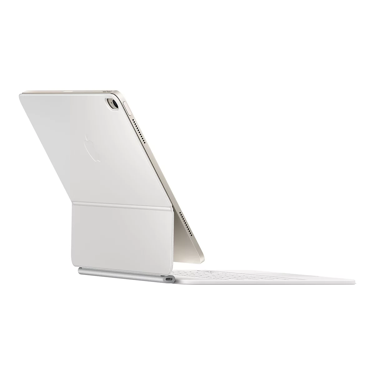 Beigefarbenes Tablet mit Tastatur, halb geöffnet. Apple Logo auf der Rückseite.