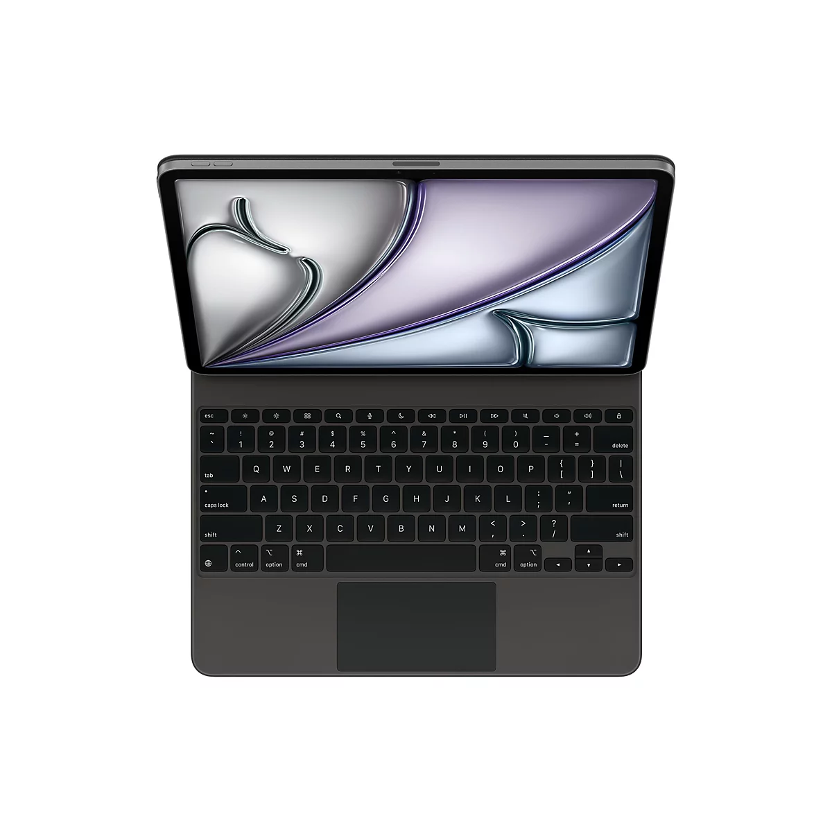 Draufsicht auf ein graues Tablet mit angeschlossener Tastatur. Auf dem Bildschirm ist ein abstraktes, silber-weißes Muster zu sehen.