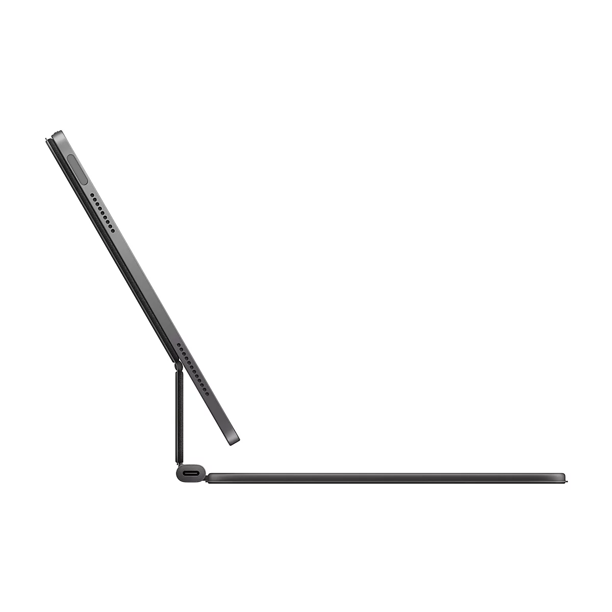 Dunkelgraues Tablet mit angebauter Tastatur. Das Tablet ist im Profil zu sehen und steht leicht auf der Tastatur.