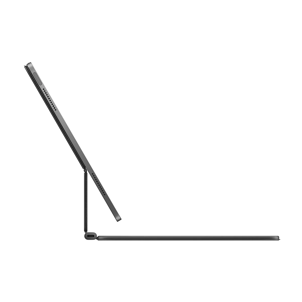 Ein graues Tablet, angehoben an einem schwarzen, scharnierartigen Ständer, auf weißem Hintergrund.