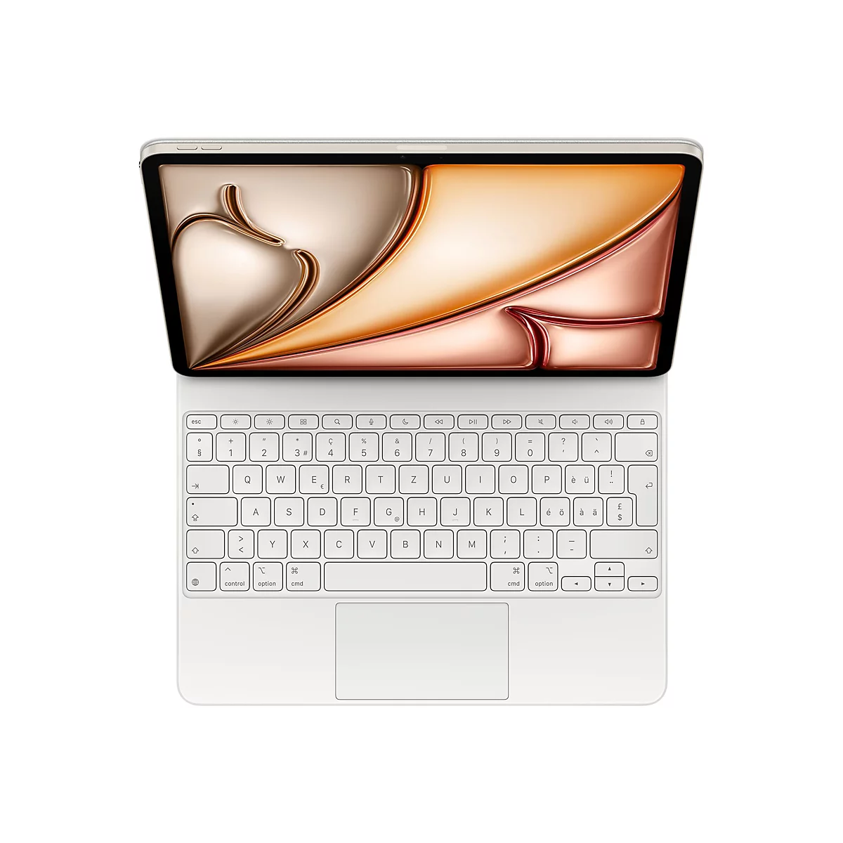 Ein hellgraues Tablet mit einer hellen Tastatur, auf der das Display geöffnet ist und einen goldfarbenen Hintergrund zeigt.
