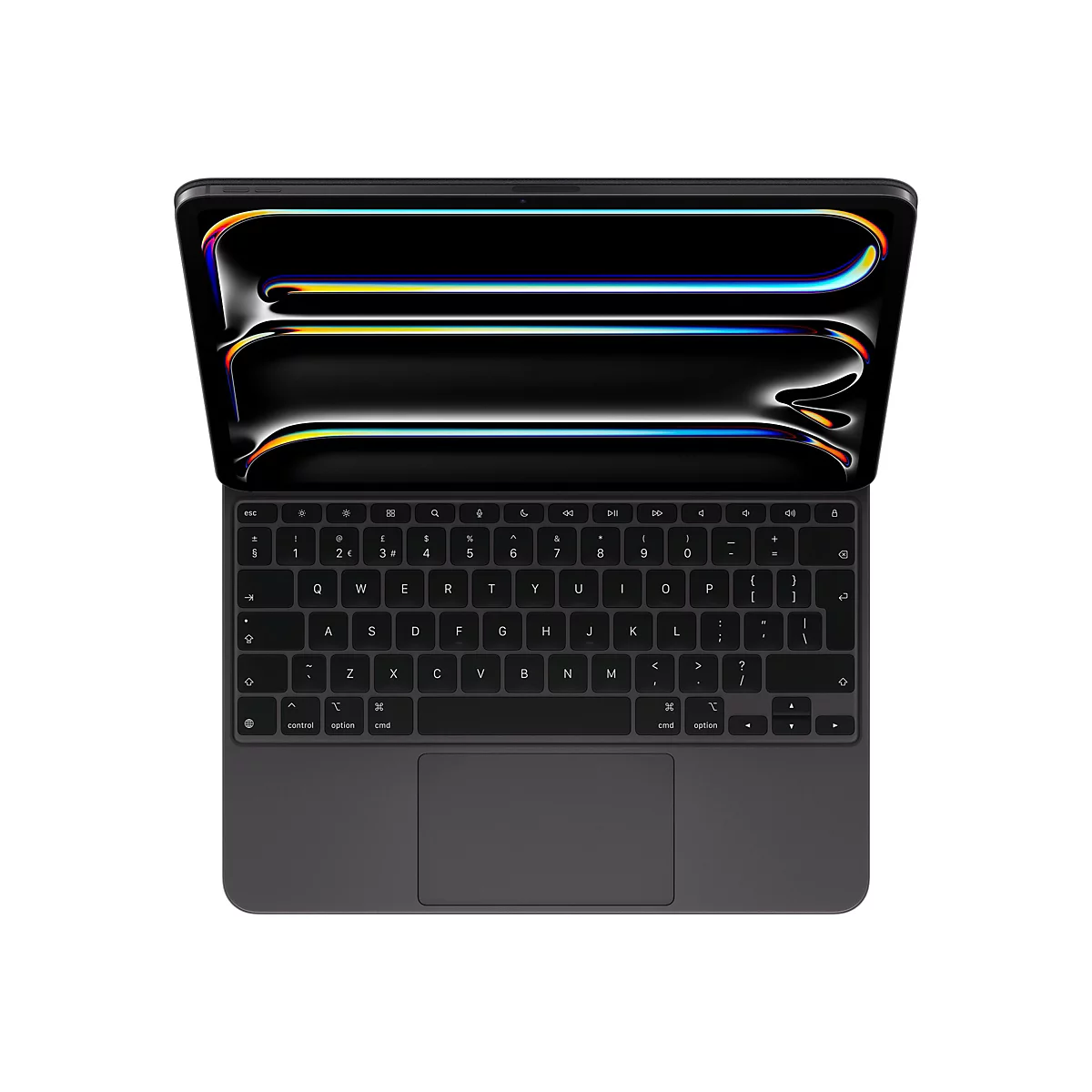 Dunkelgraues Tablet mit beleuchtetem Display und Tastatur. Der Bildschirm zeigt ein abstraktes Muster in bunten Farben. Die Tastatur hat schwarze Tasten mit weißen Beschriftungen.