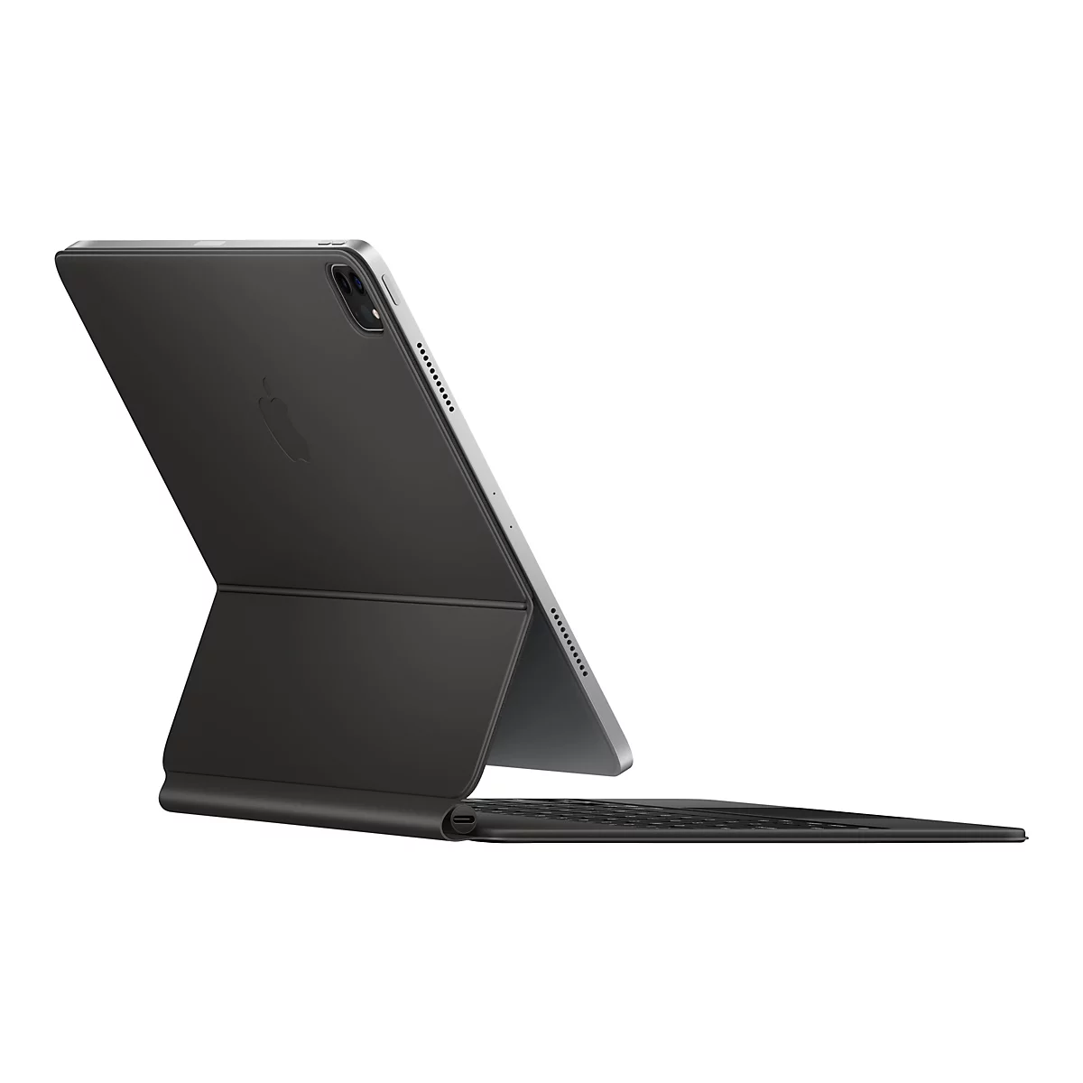 Schwarzes iPad mit Tastatur, im Winkel aufgestellt.